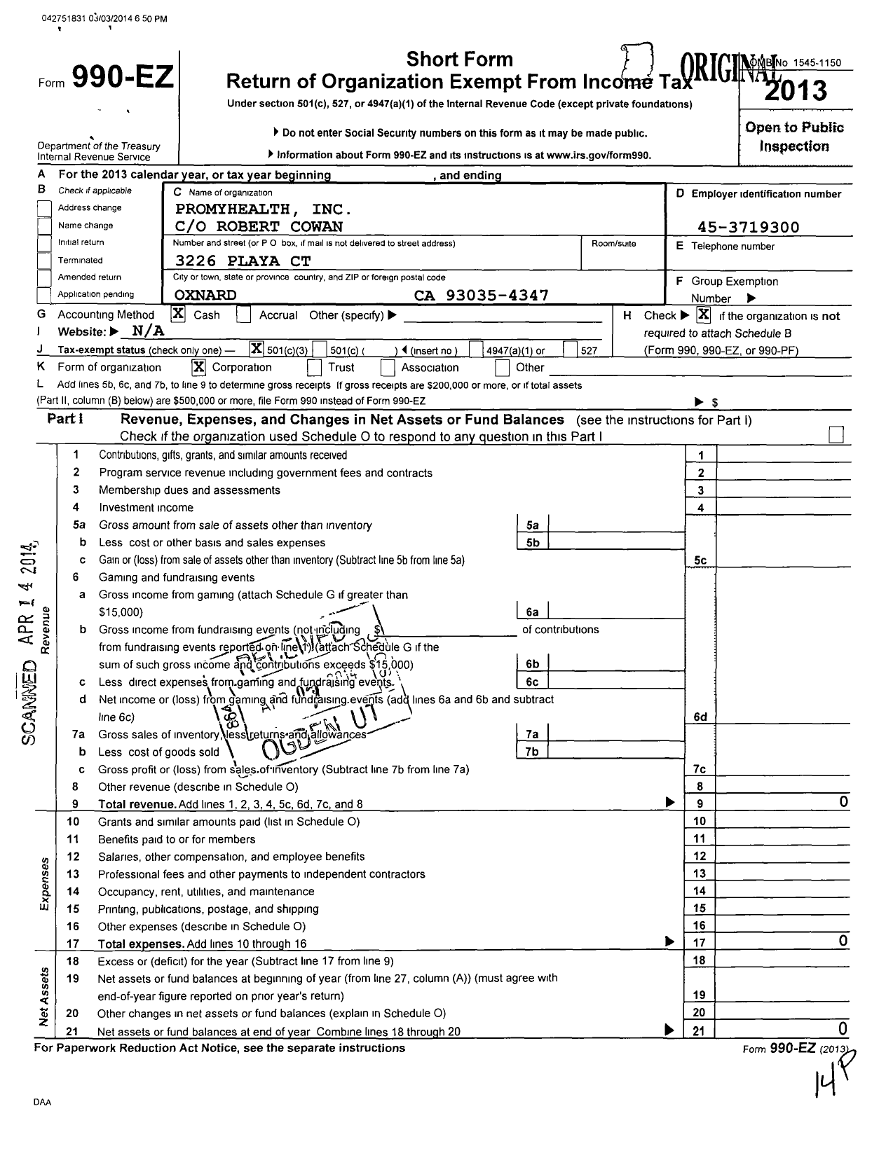 Image of first page of 2013 Form 990EZ for Promyhealth