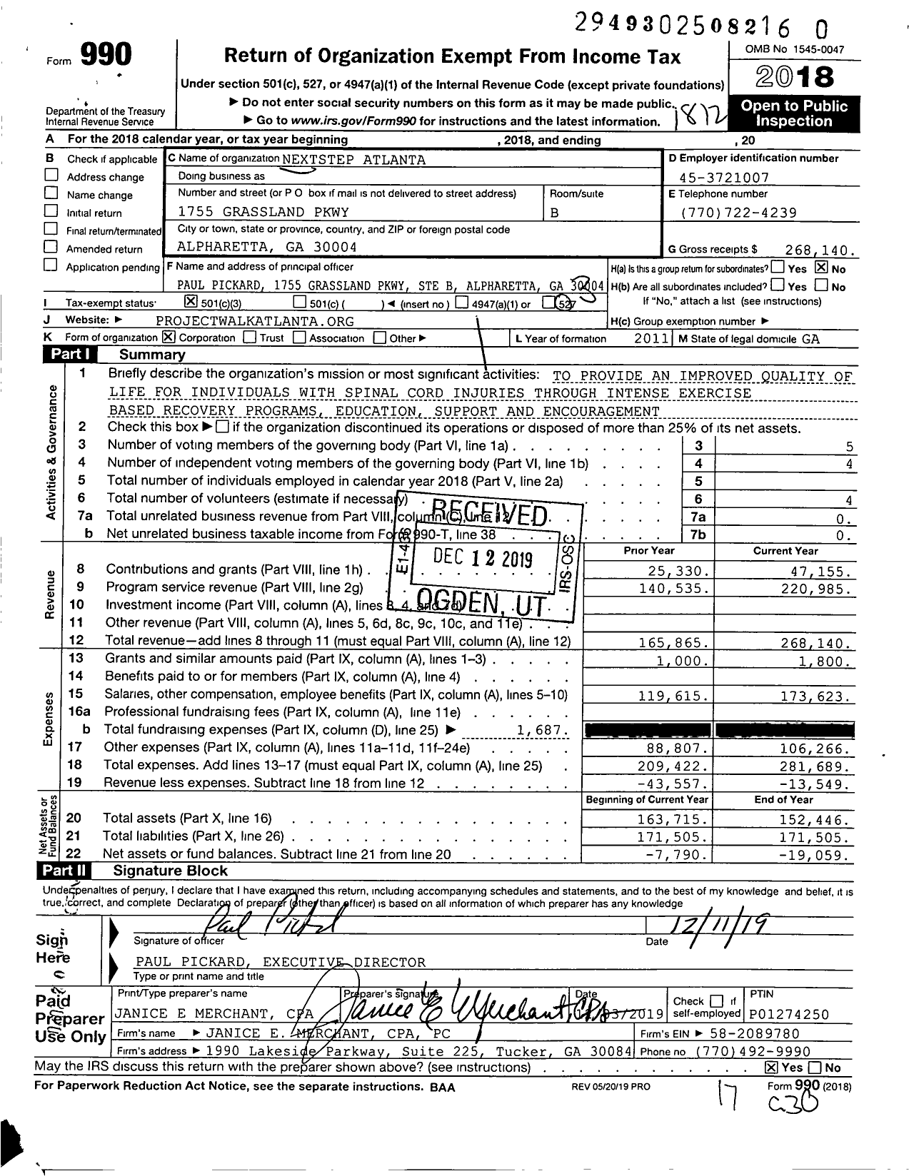 Image of first page of 2018 Form 990 for Nextstep Atlanta