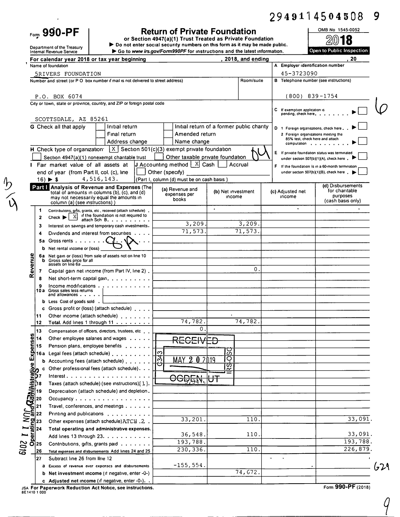 Image of first page of 2018 Form 990PF for 5Rivers Foundation