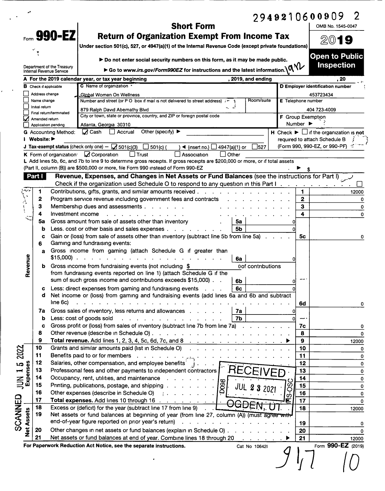 Image of first page of 2019 Form 990EZ for Global Women on Wellness