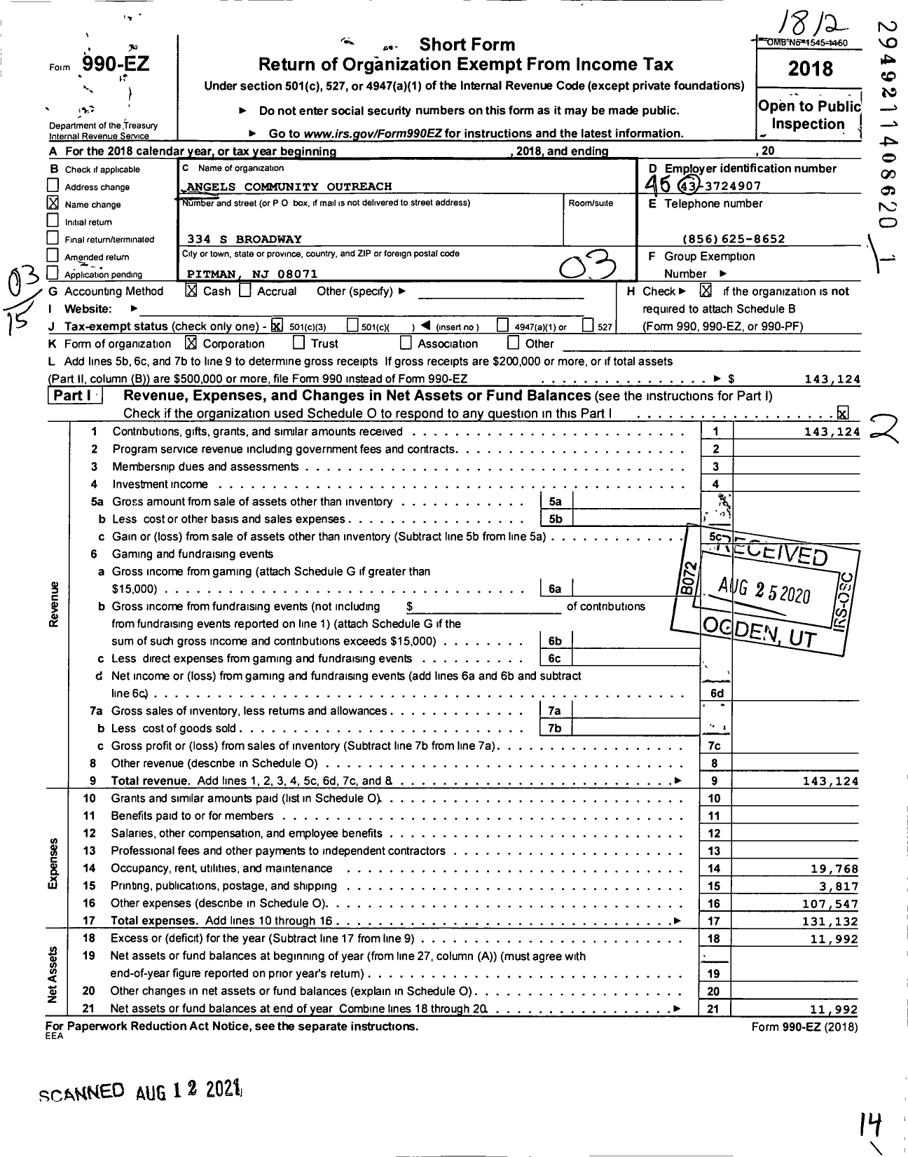 Image of first page of 2018 Form 990EZ for Angels Community Outreach