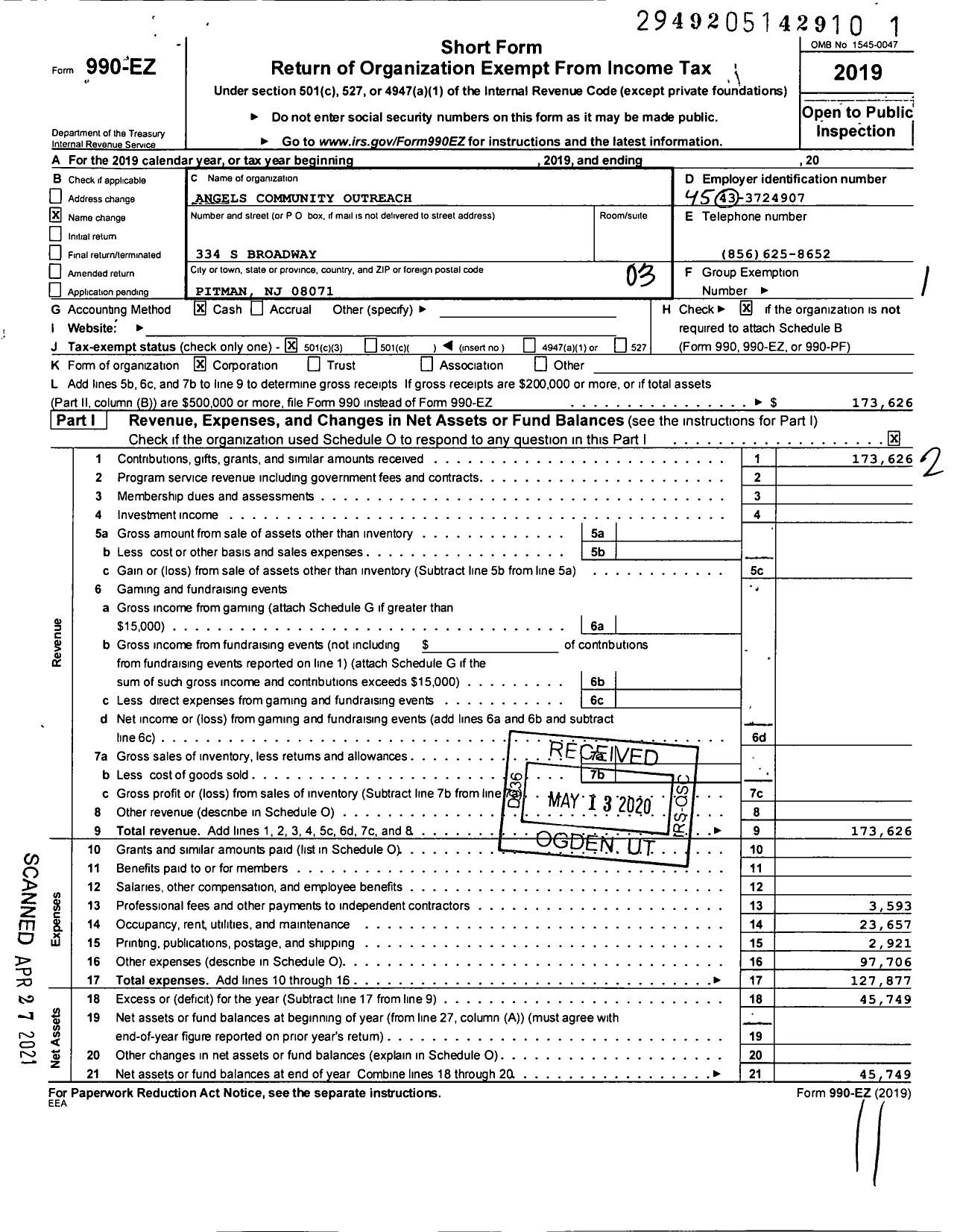 Image of first page of 2019 Form 990EZ for Angels Community Outreach