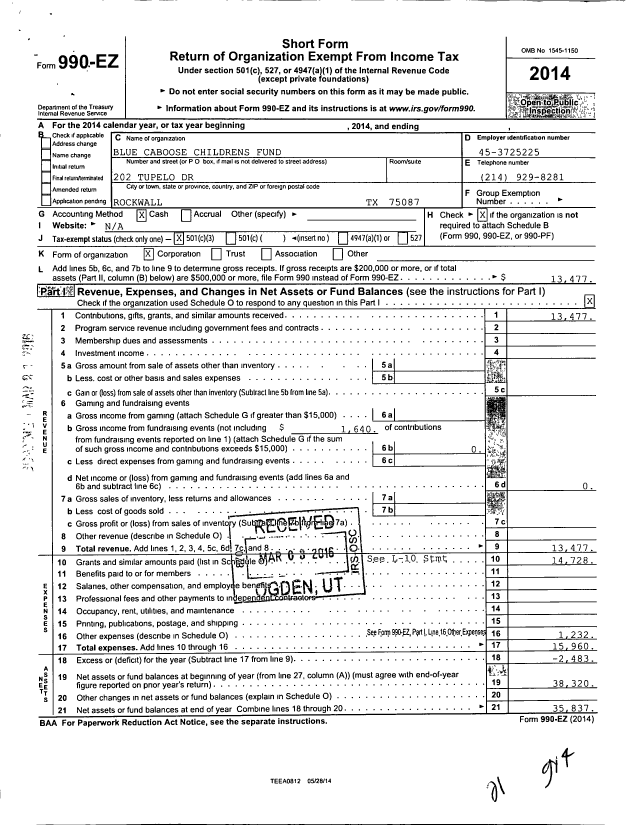 Image of first page of 2014 Form 990EZ for Blue Caboose Childrens Fund