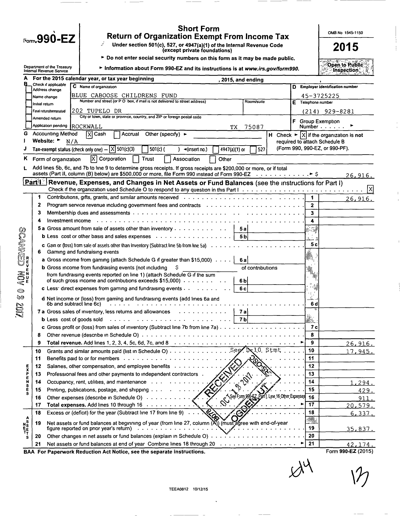 Image of first page of 2015 Form 990EZ for Blue Caboose Childrens Fund