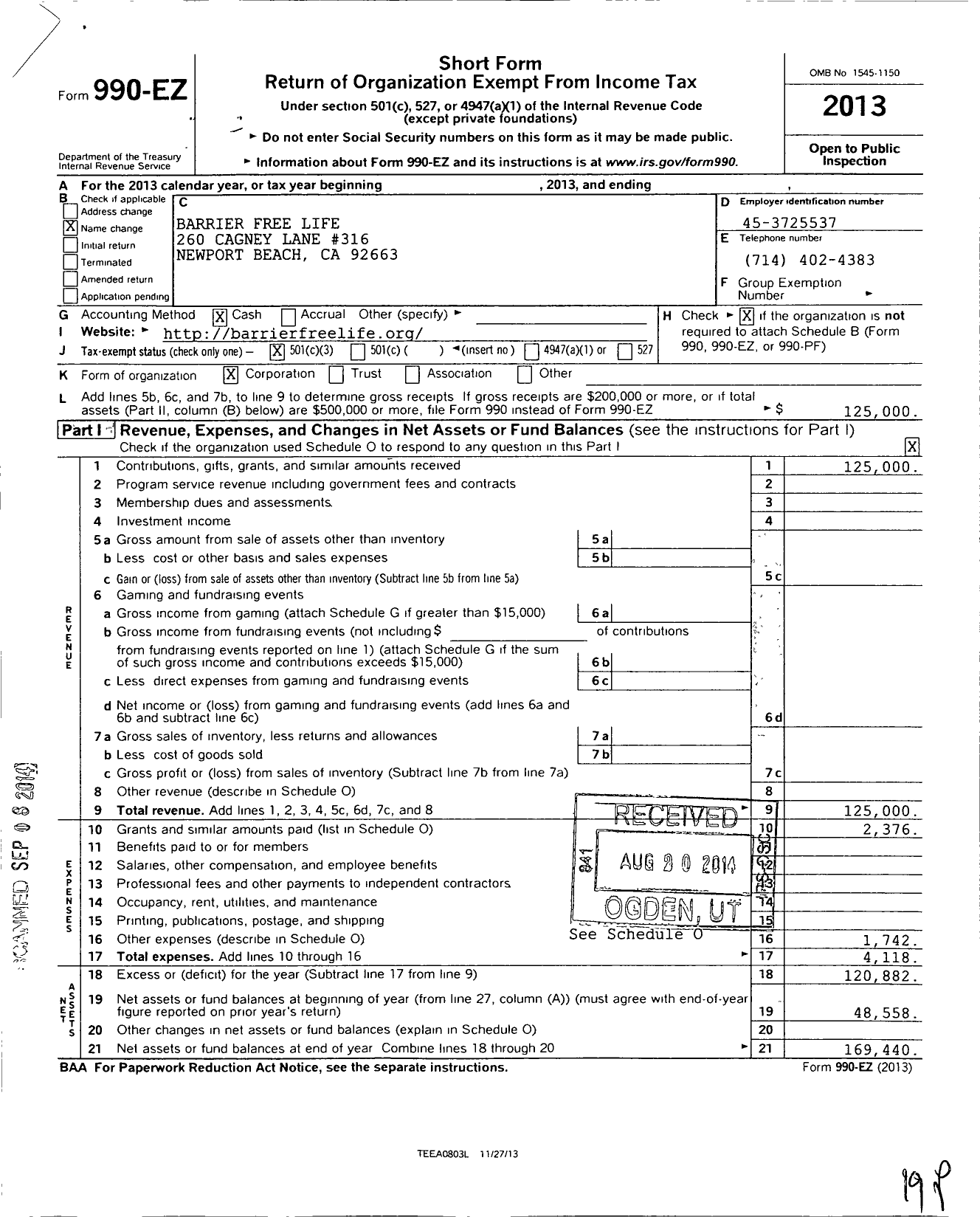 Image of first page of 2013 Form 990EZ for Barrier Free Life