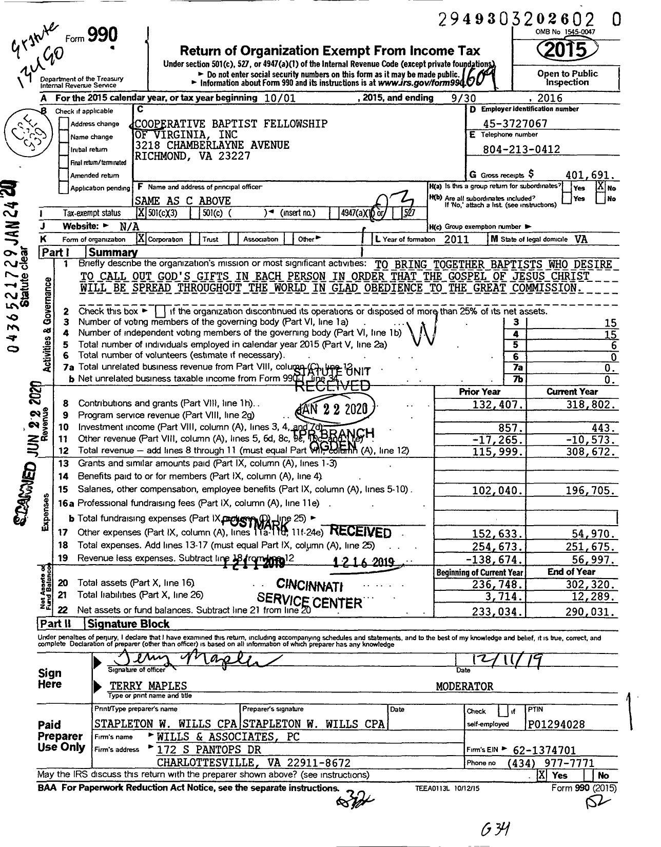 Image of first page of 2015 Form 990 for Cooperative Baptist Fellowship of Virginia