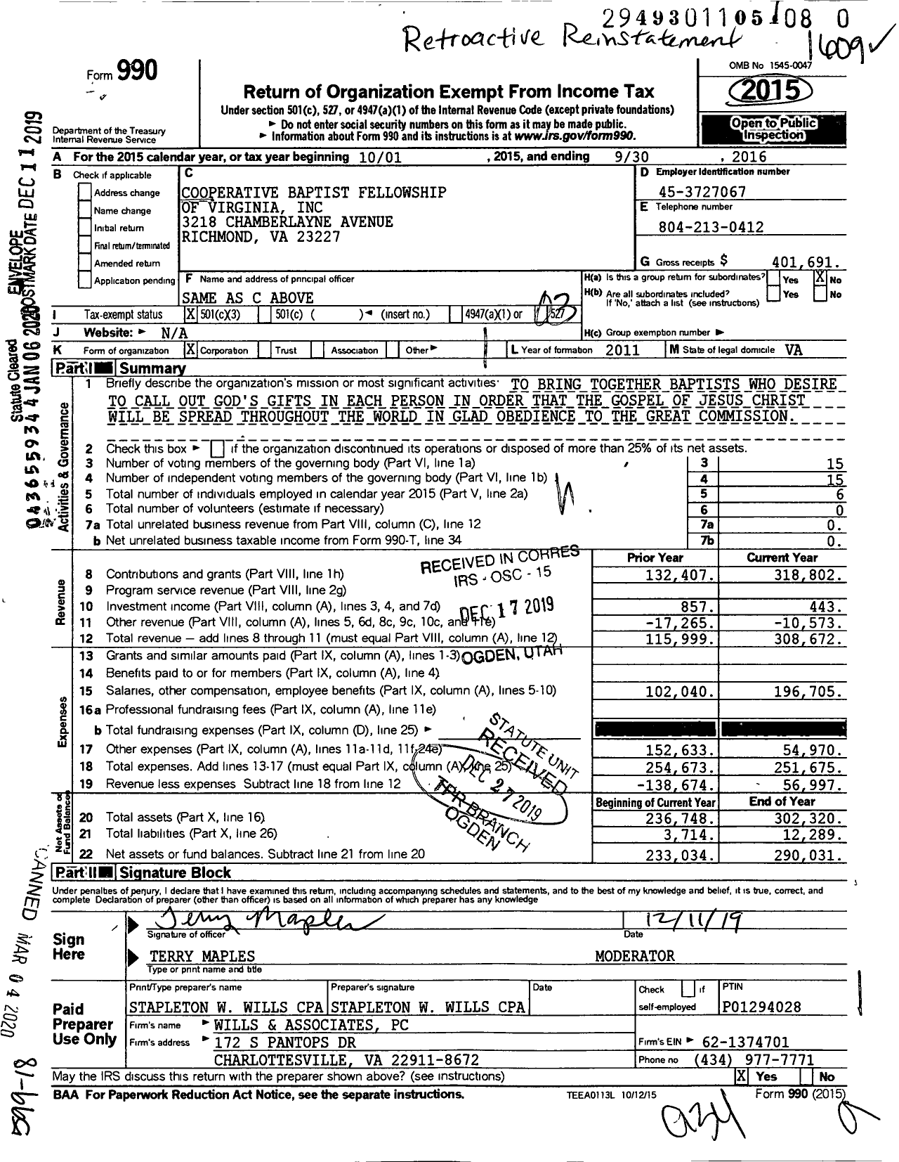 Image of first page of 2016 Form 990 for Cooperative Baptist Fellowship of Virginia