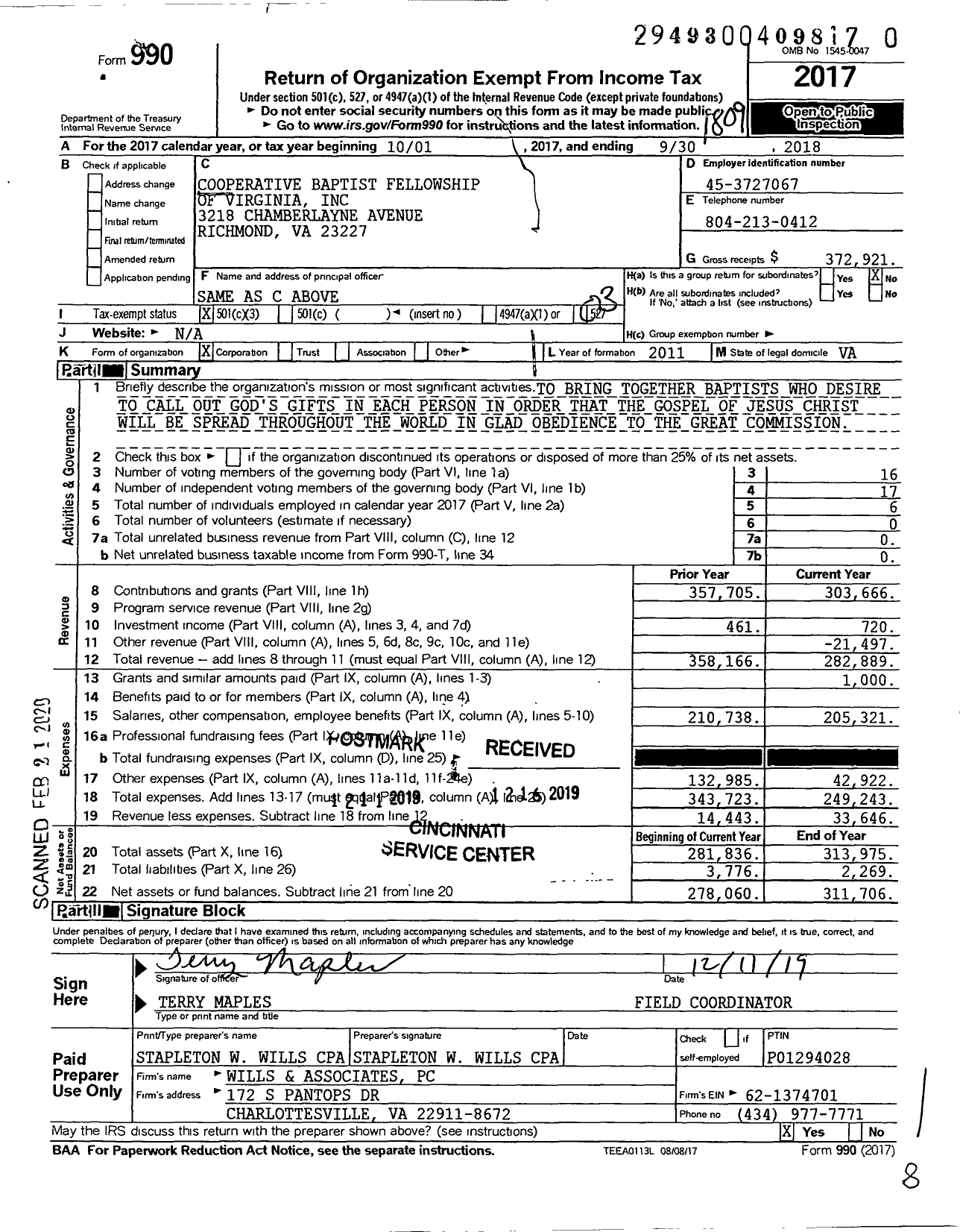 Image of first page of 2017 Form 990 for Cooperative Baptist Fellowship of Virginia