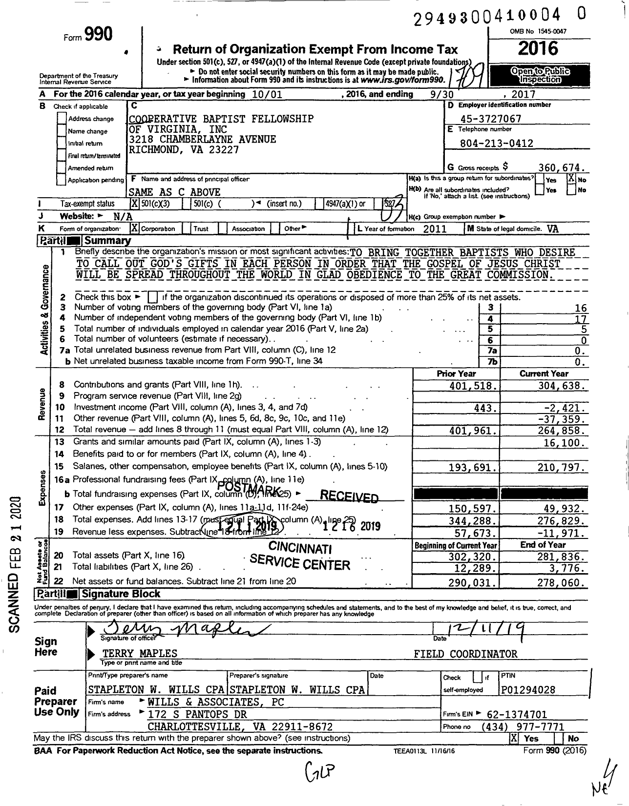 Image of first page of 2016 Form 990 for Cooperative Baptist Fellowship of Virginia