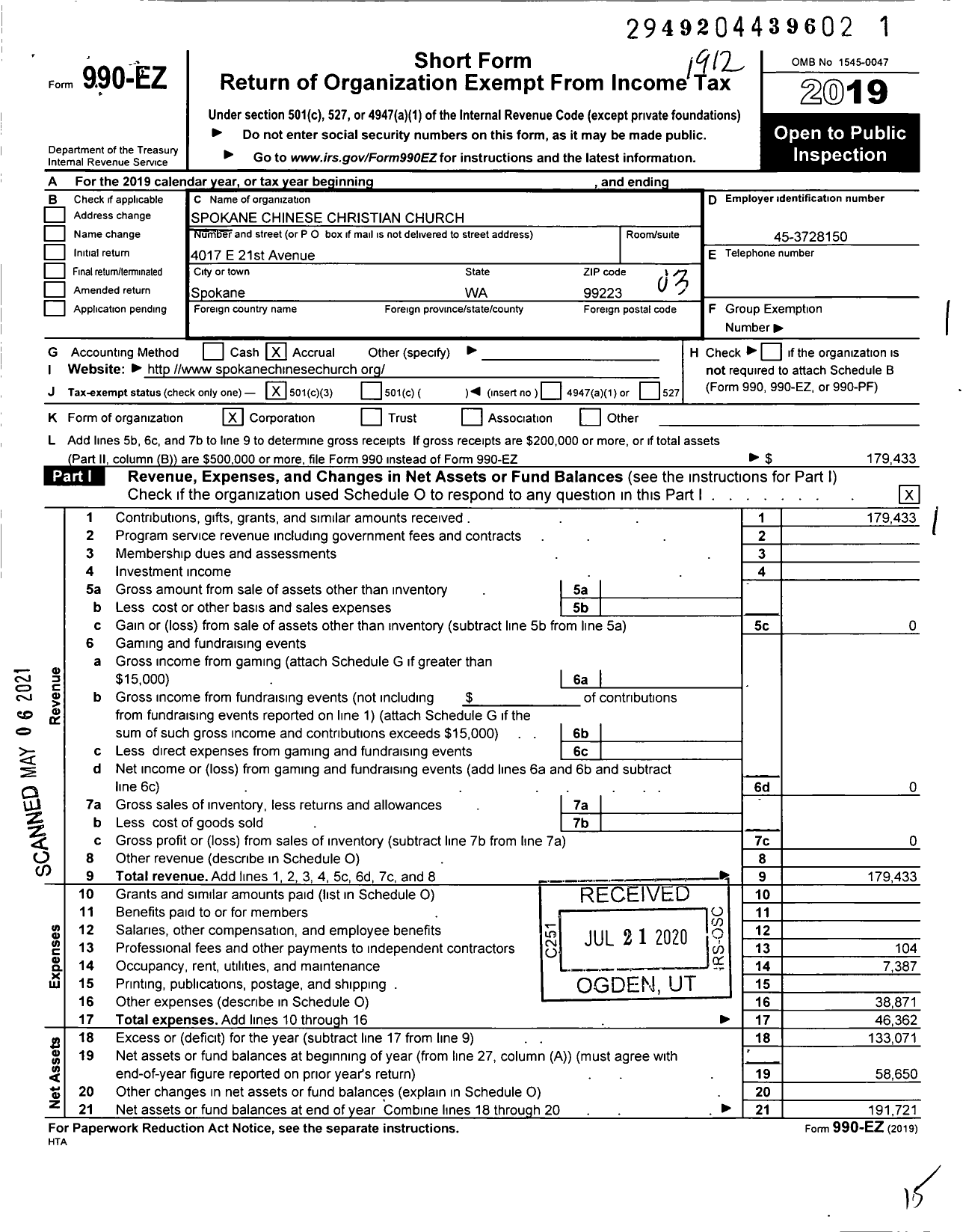 Image of first page of 2019 Form 990EZ for Spokane Chinese Christian Church