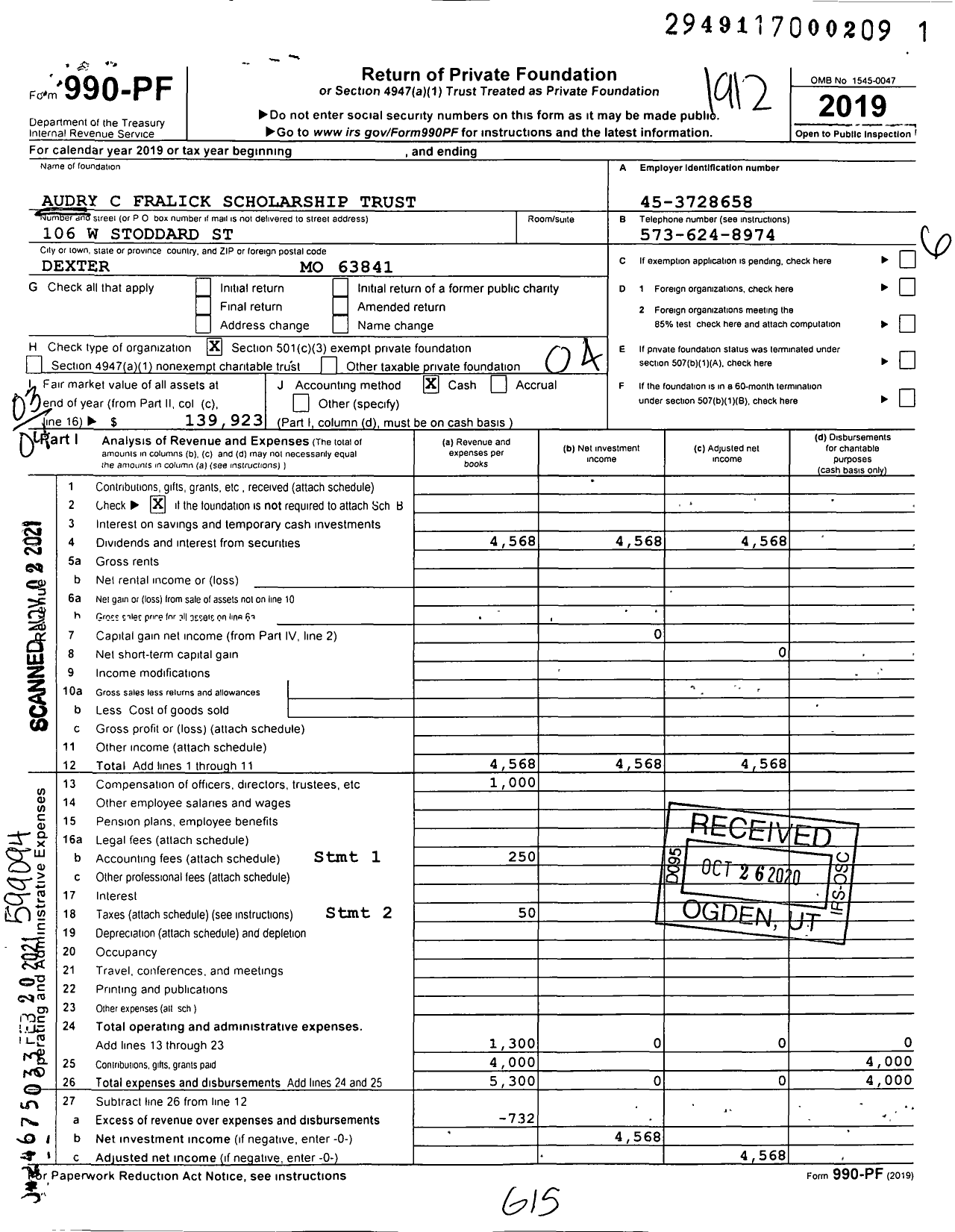 Image of first page of 2019 Form 990PF for Audry C Fralick Scholarship Trust