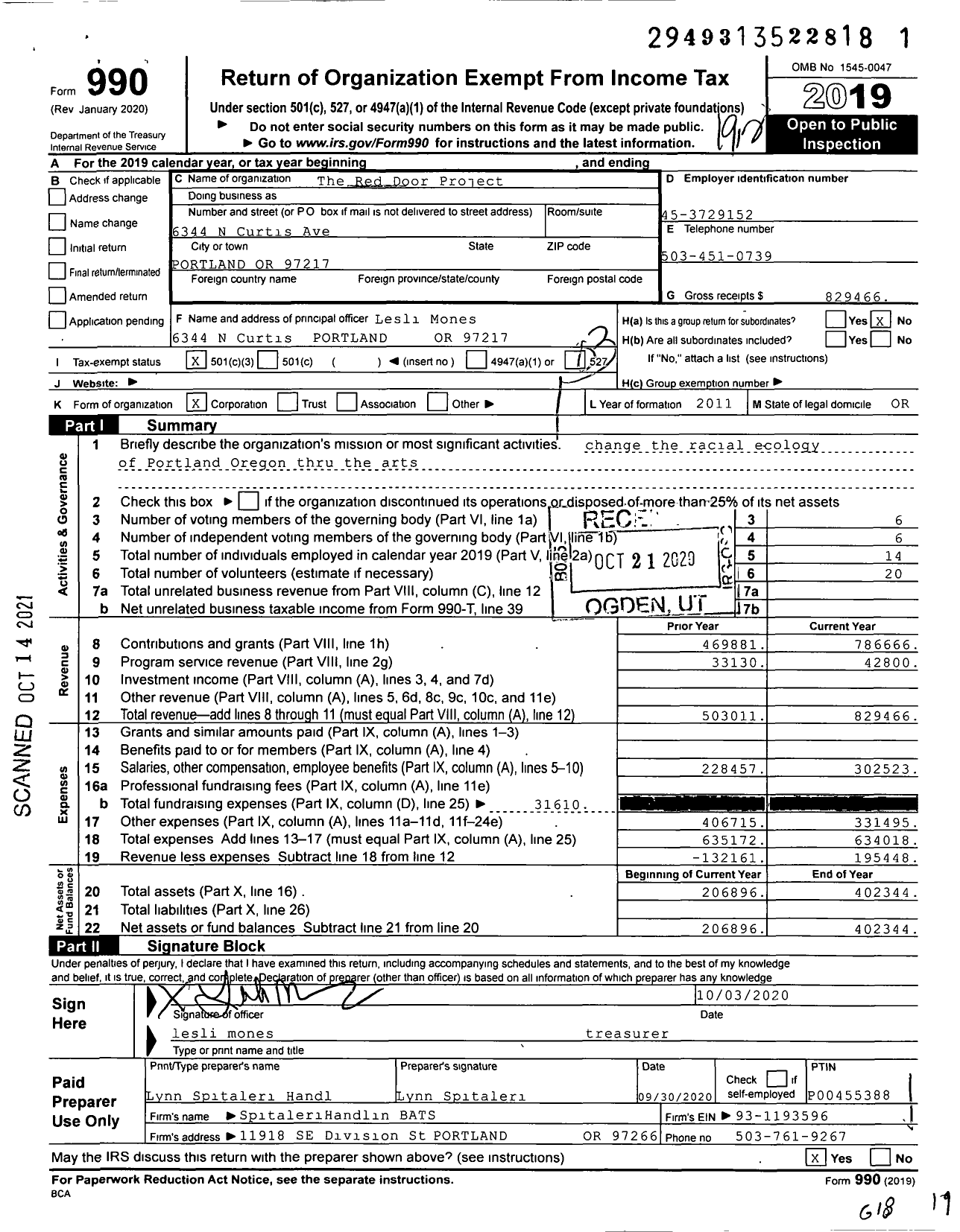 Image of first page of 2019 Form 990 for The Red Door Project