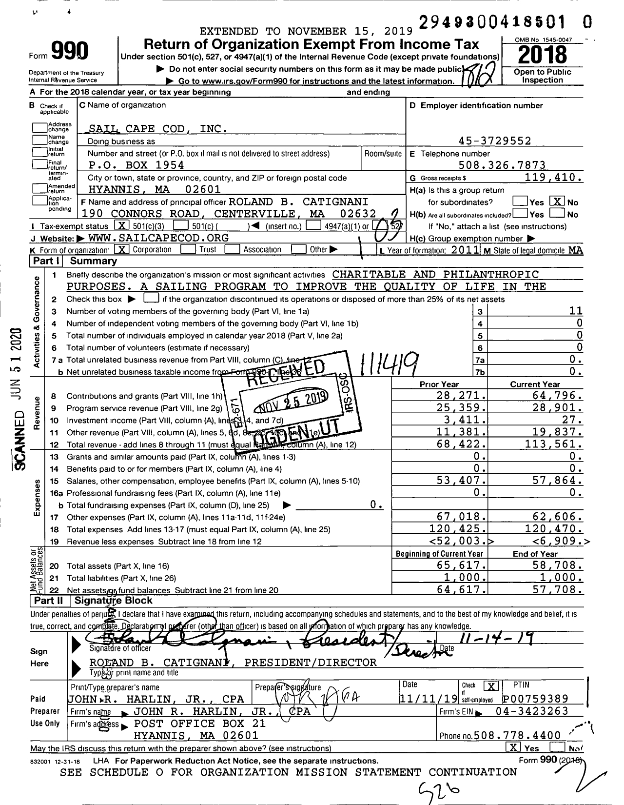 Image of first page of 2018 Form 990 for Sail Cape Cod