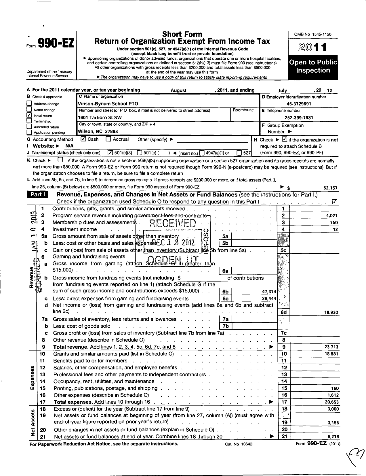 Image of first page of 2011 Form 990EZ for Vinson-Bynum School Pto