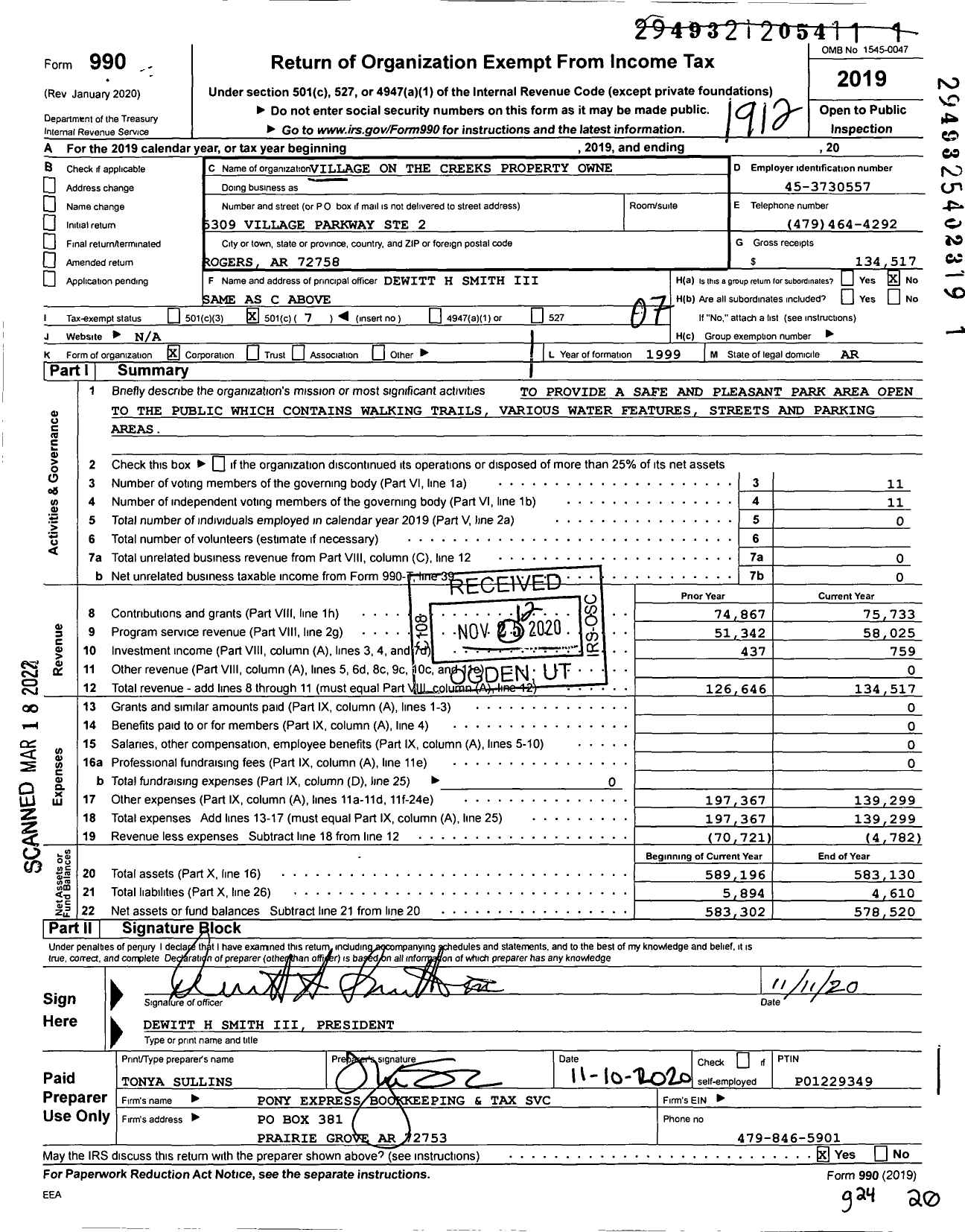 Image of first page of 2019 Form 990O for Village on the Creeks Property Owne