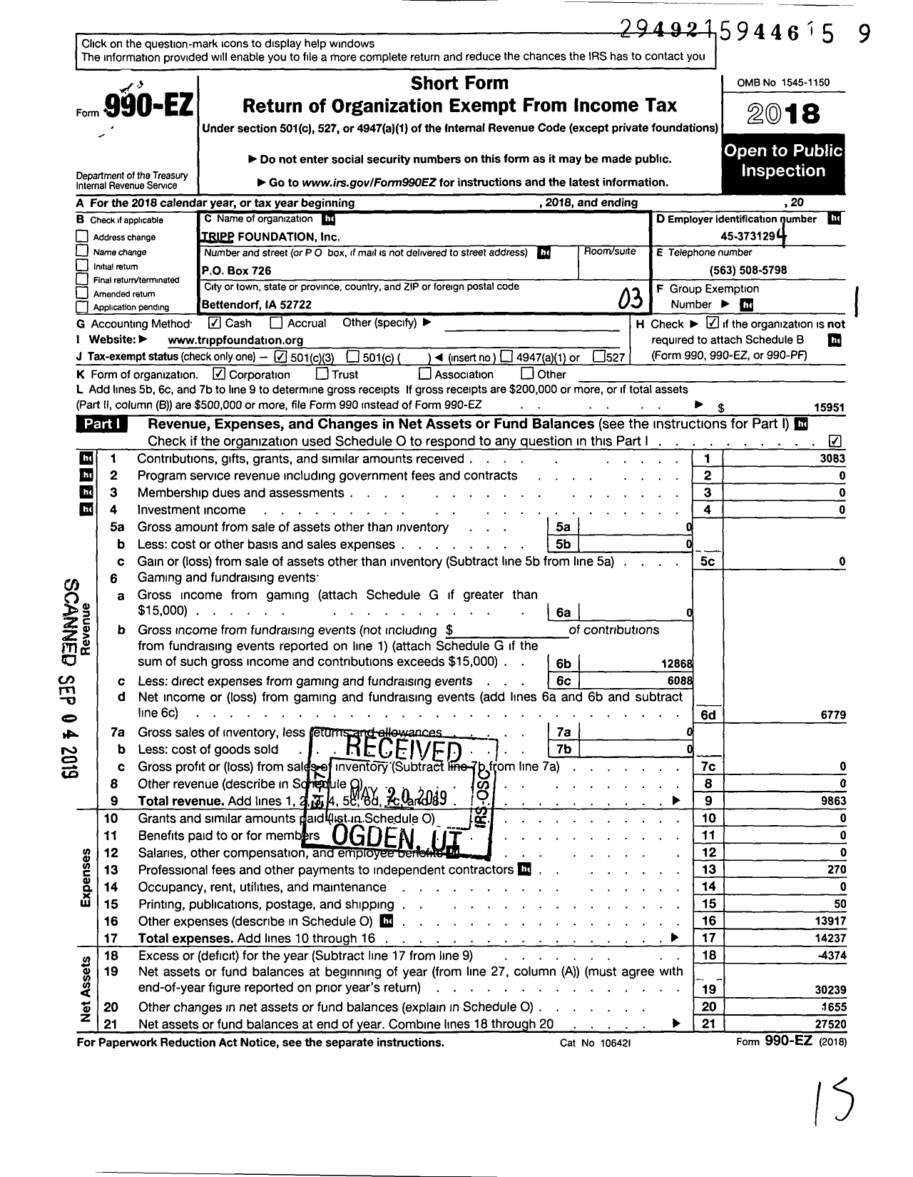 Image of first page of 2018 Form 990EZ for Tripp Foundation
