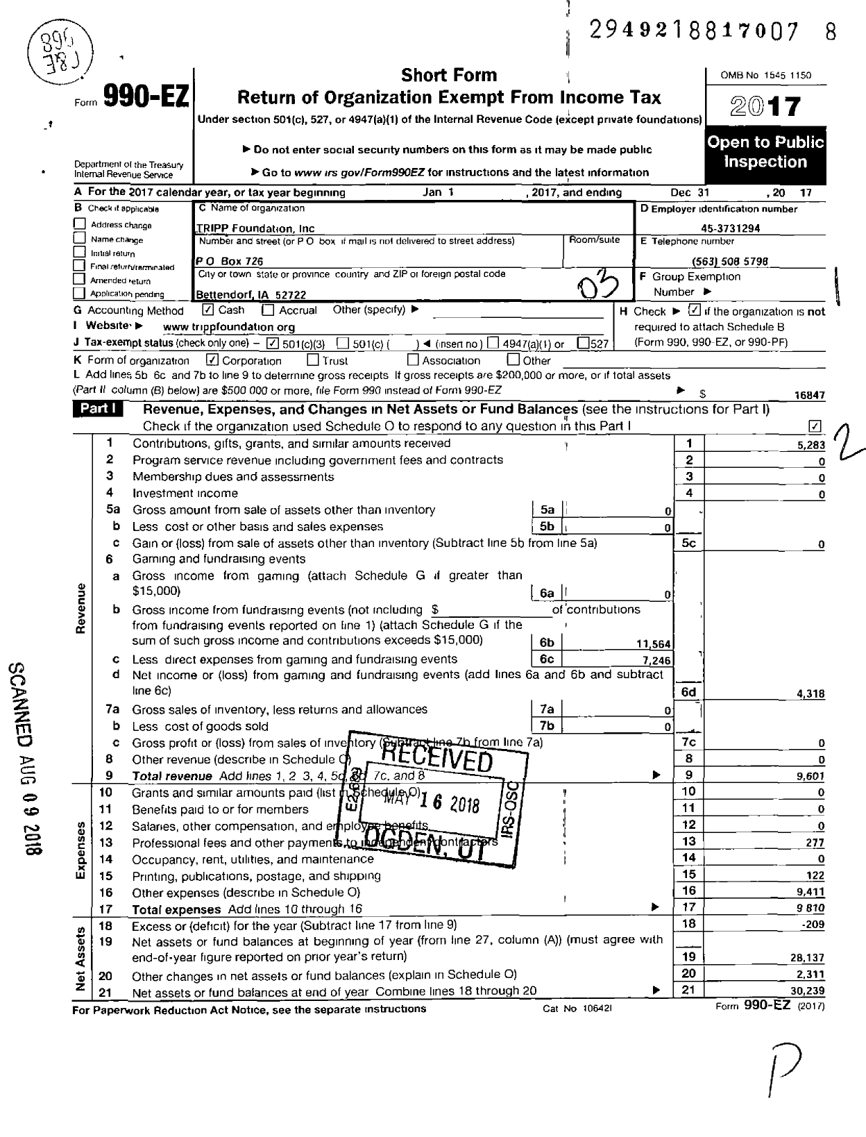 Image of first page of 2017 Form 990EZ for Tripp Foundation