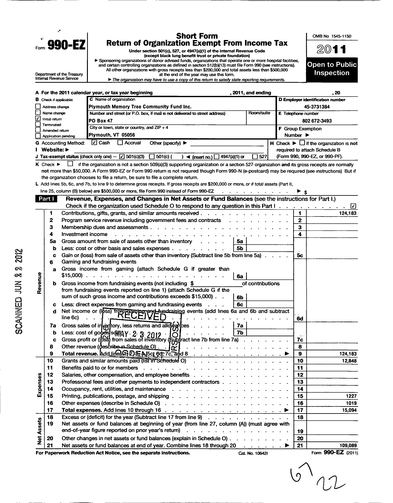 Image of first page of 2011 Form 990EZ for Plymouth Memory Tree Community Fund