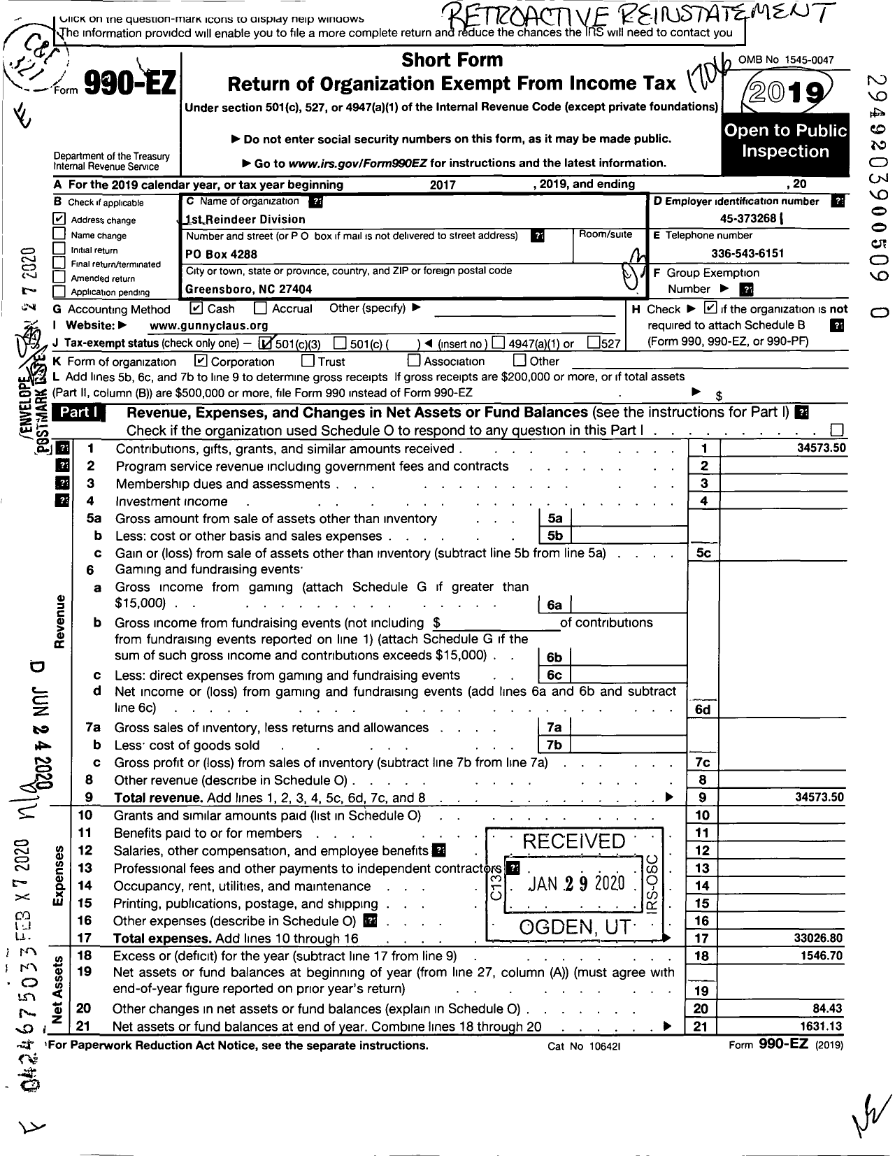 Image of first page of 2016 Form 990EZ for 1st Reindeer Division