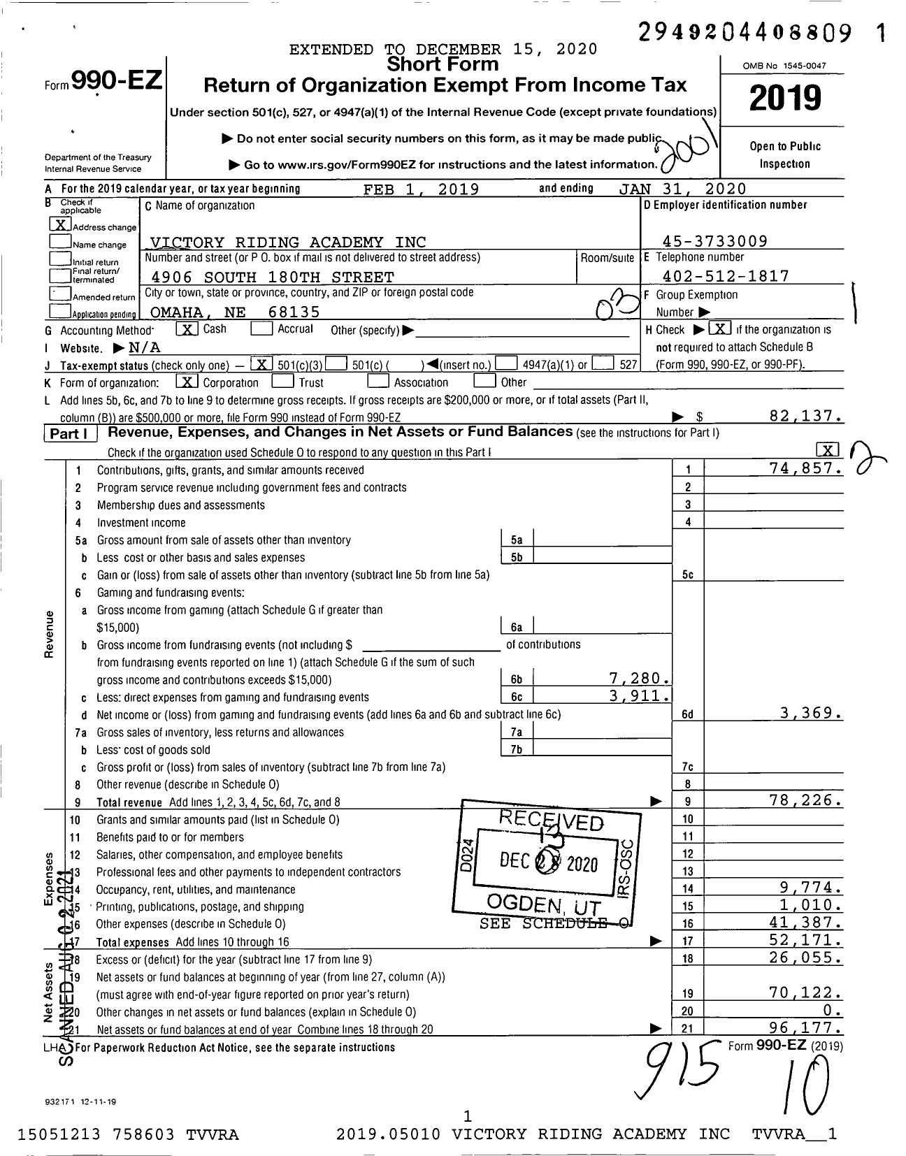 Image of first page of 2019 Form 990EZ for Victory Riding Academy