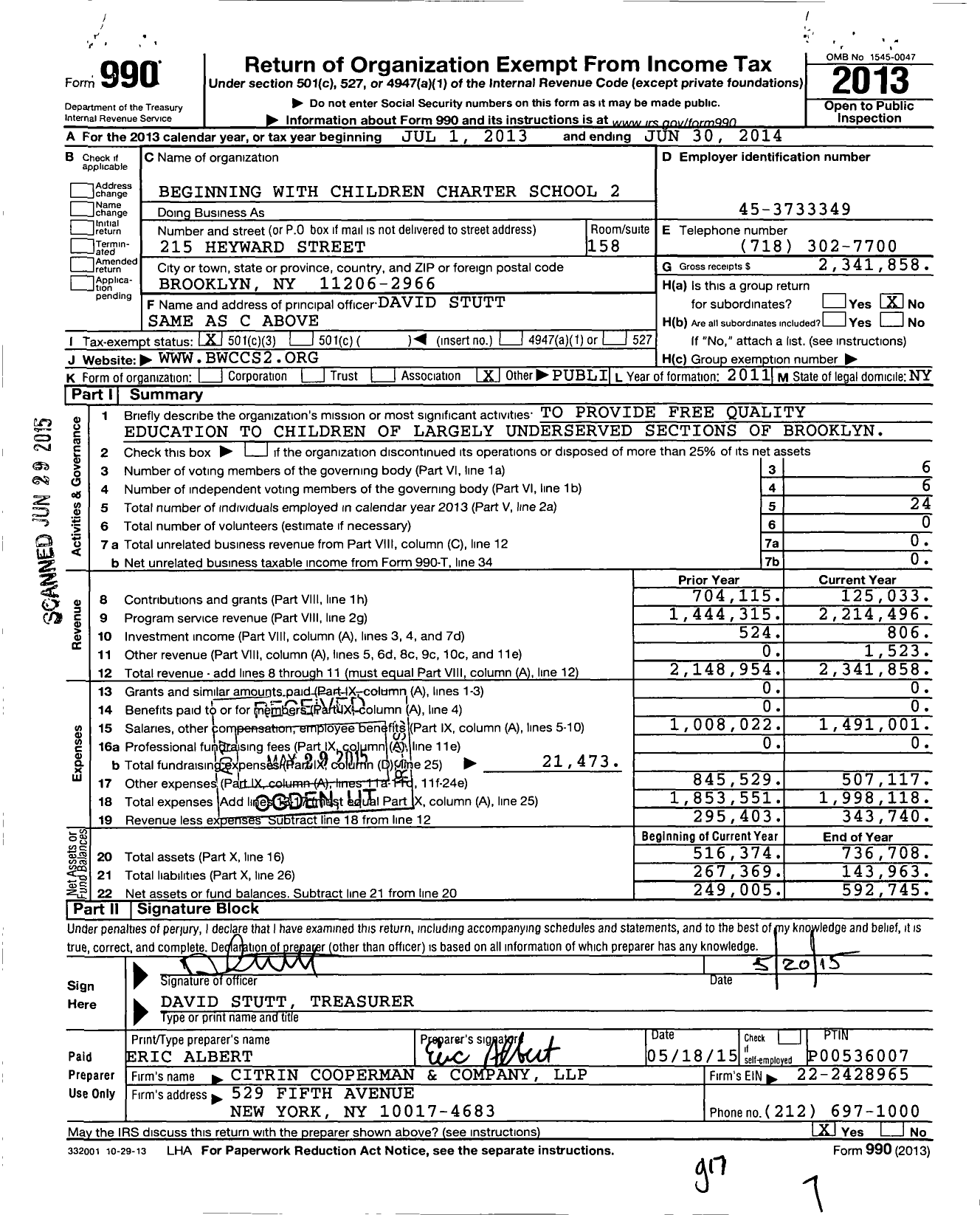 Image of first page of 2013 Form 990 for Beginning with Children Charter School 2 (BwCCS 2)