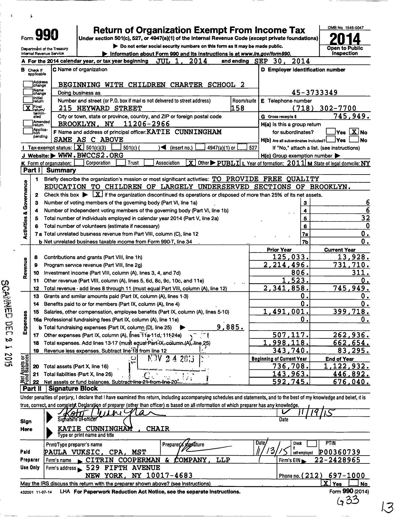 Image of first page of 2013 Form 990 for Beginning with Children Charter School 2 (BwCCS 2)