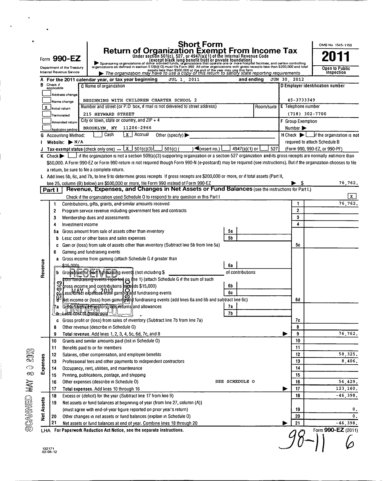 Image of first page of 2011 Form 990EZ for Beginning with Children Charter School 2 (BwCCS 2)