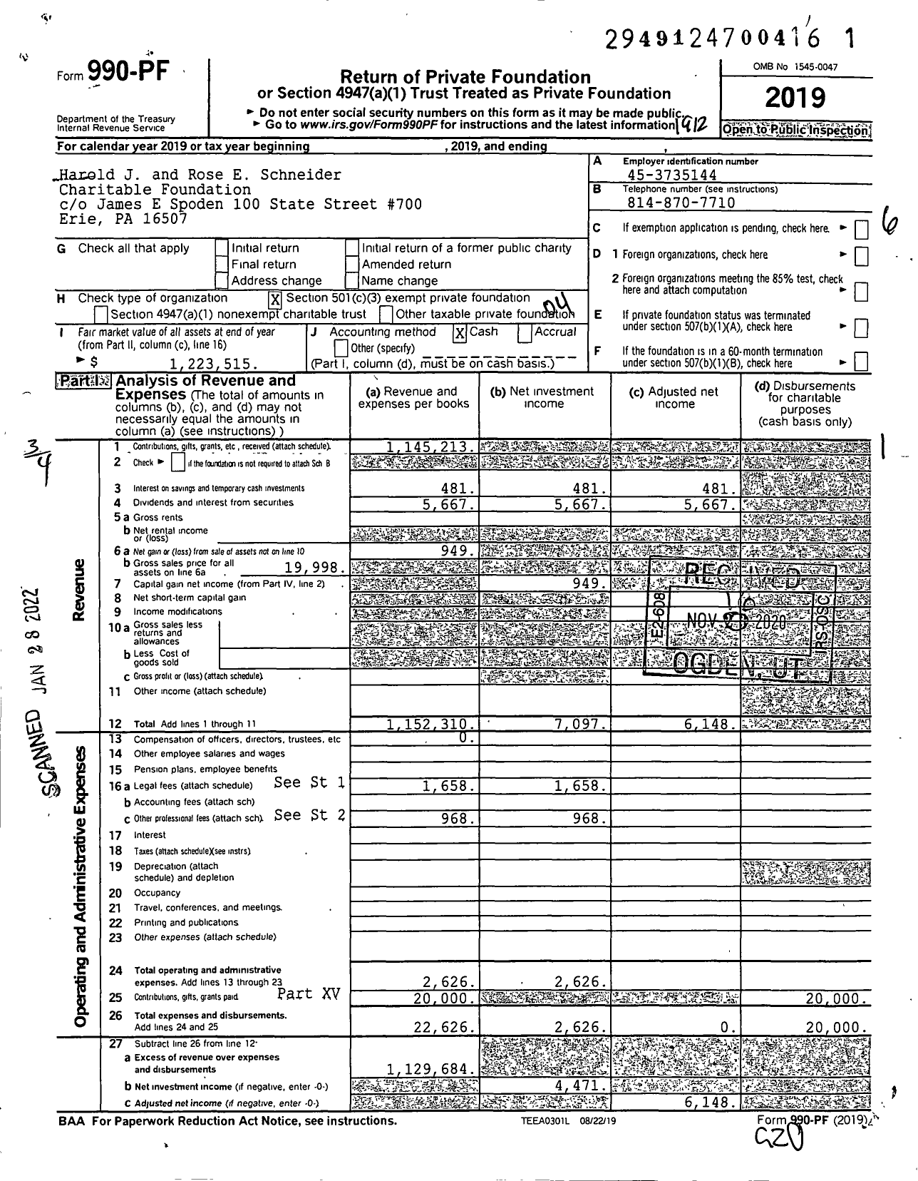 Image of first page of 2019 Form 990PF for Harold J and Rose E Schneider Charitable Foundation