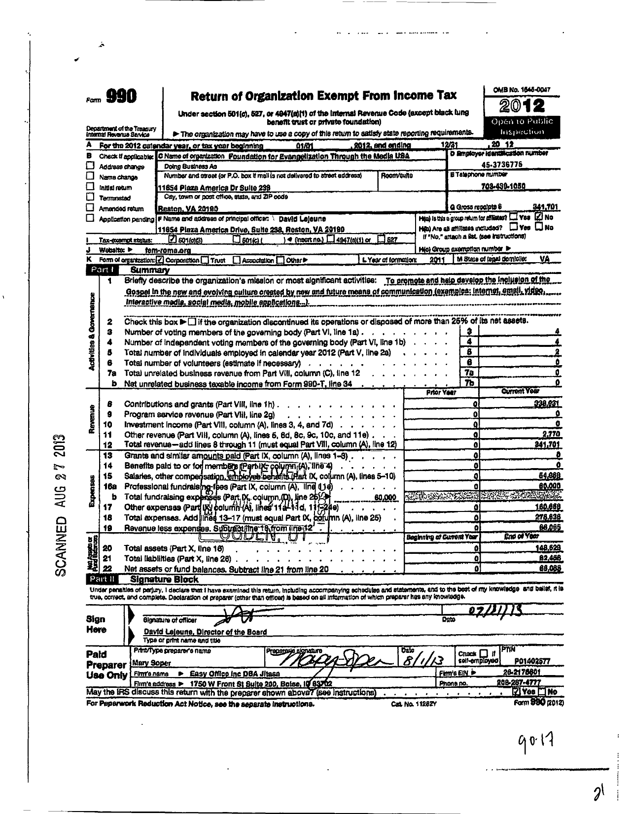 Image of first page of 2012 Form 990 for Foundation For Evangelization Through The Media USA