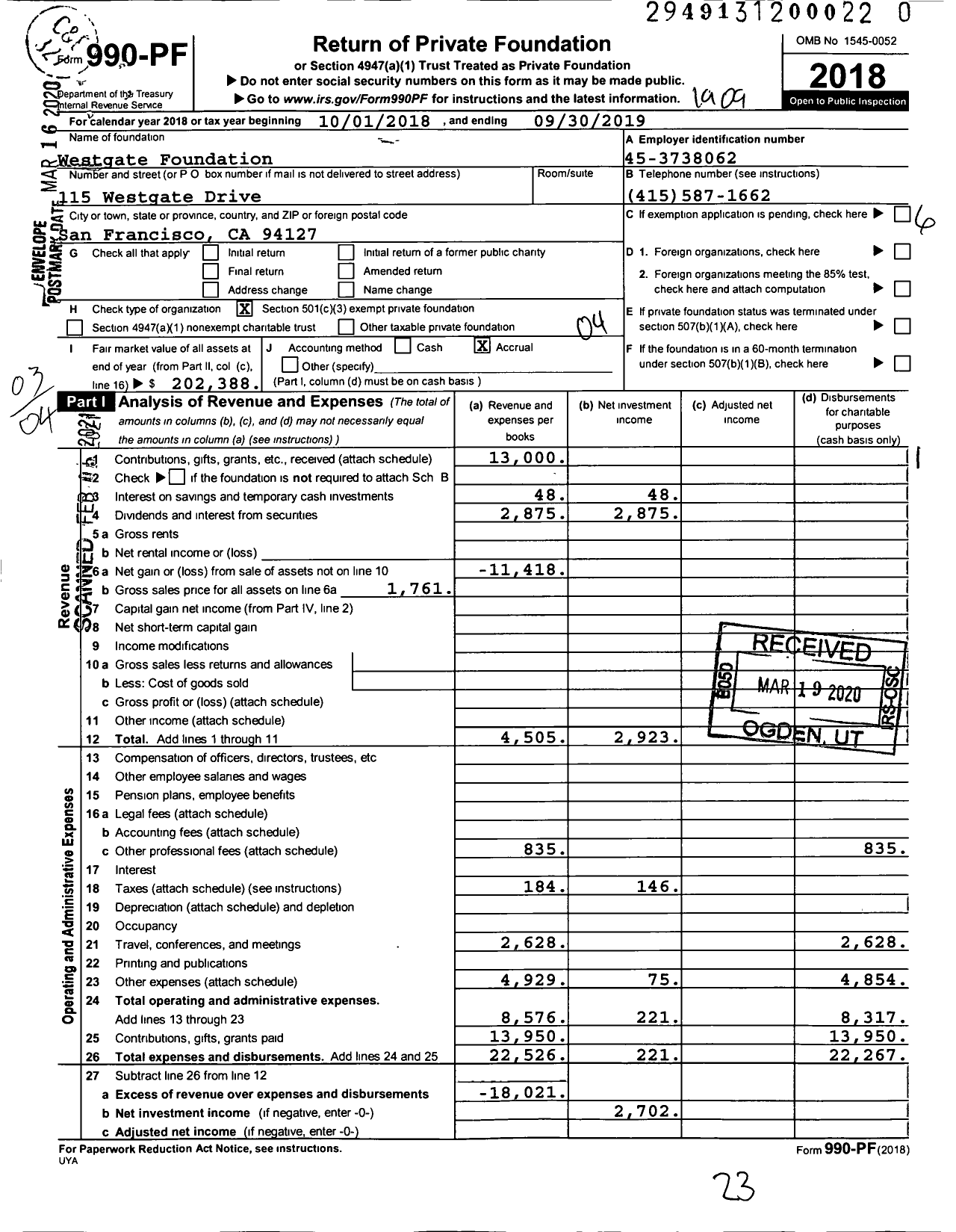 Image of first page of 2018 Form 990PF for Westgate Foundation