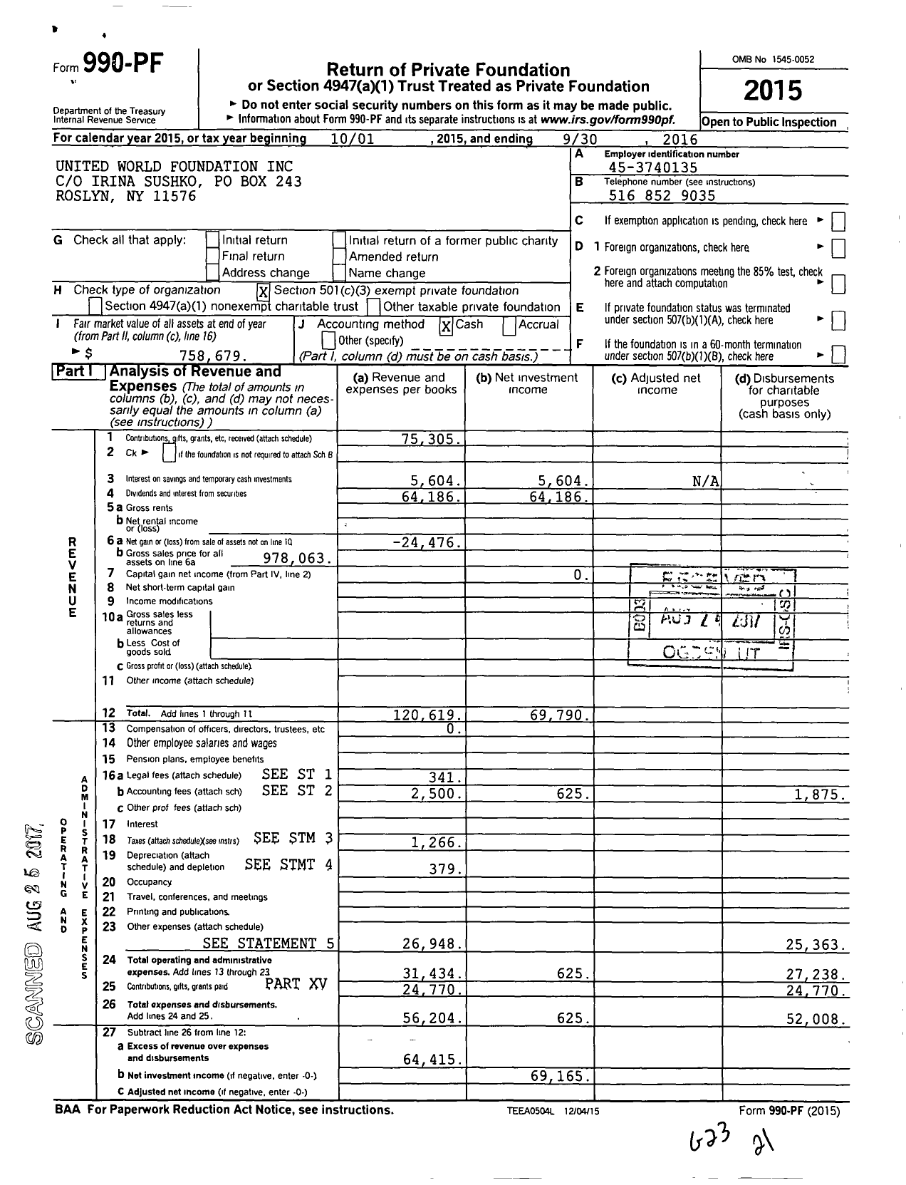 Image of first page of 2015 Form 990PF for United World Foundation