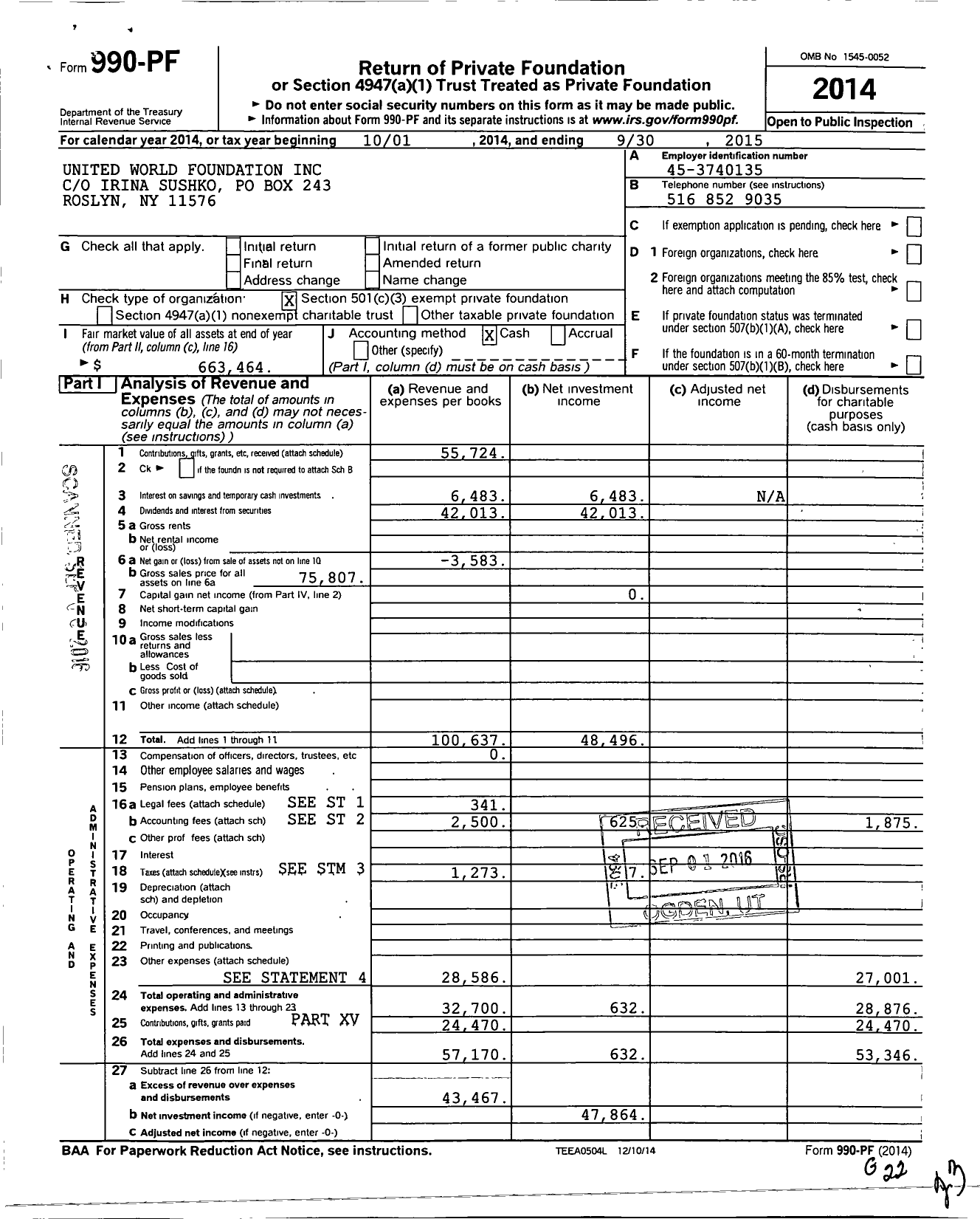 Image of first page of 2014 Form 990PF for United World Foundation
