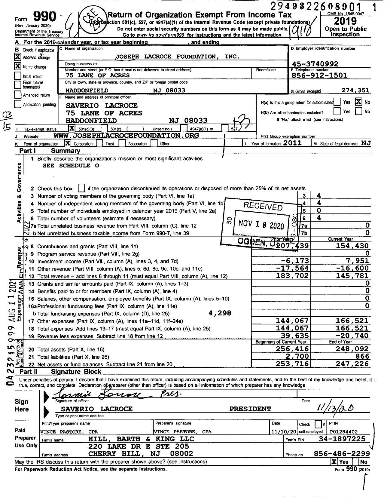 Image of first page of 2019 Form 990 for Joseph Lacroce Foundation