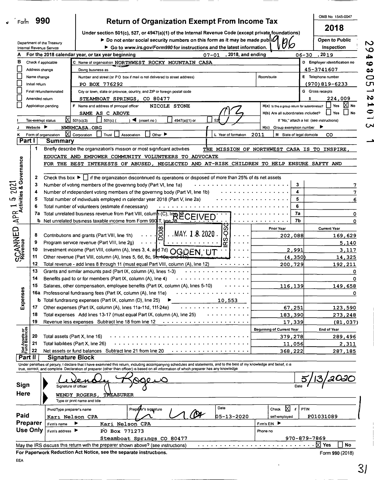 Image of first page of 2018 Form 990 for Northwest Rocky Mountain Casa