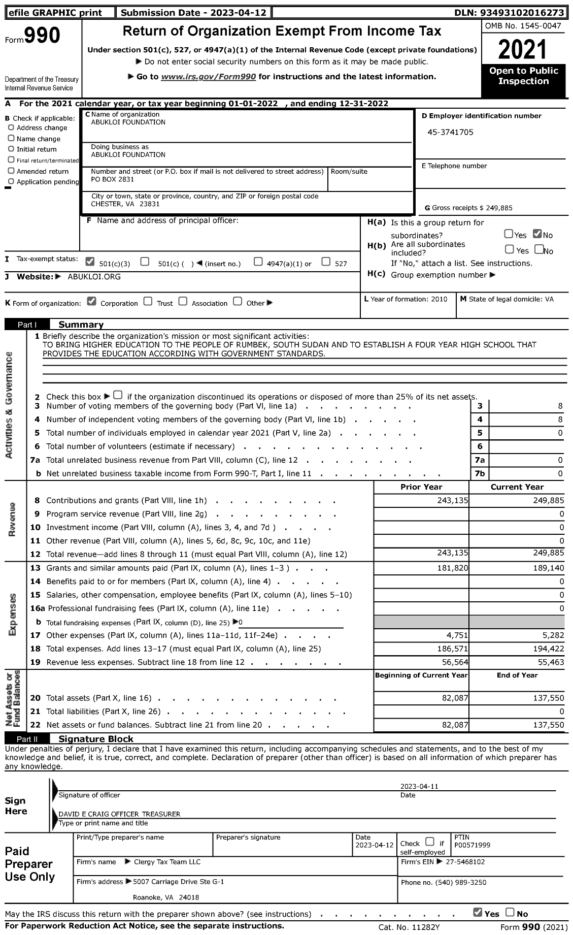 Image of first page of 2022 Form 990 for Abukloi Foundation