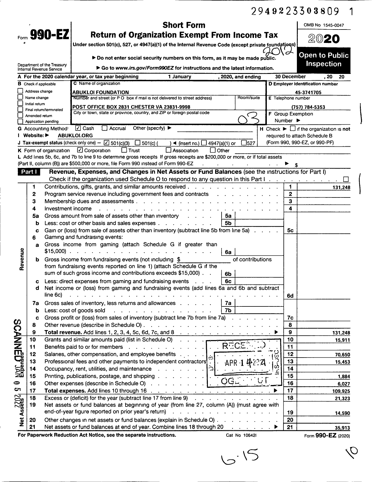 Image of first page of 2020 Form 990EZ for Abukloi Foundation