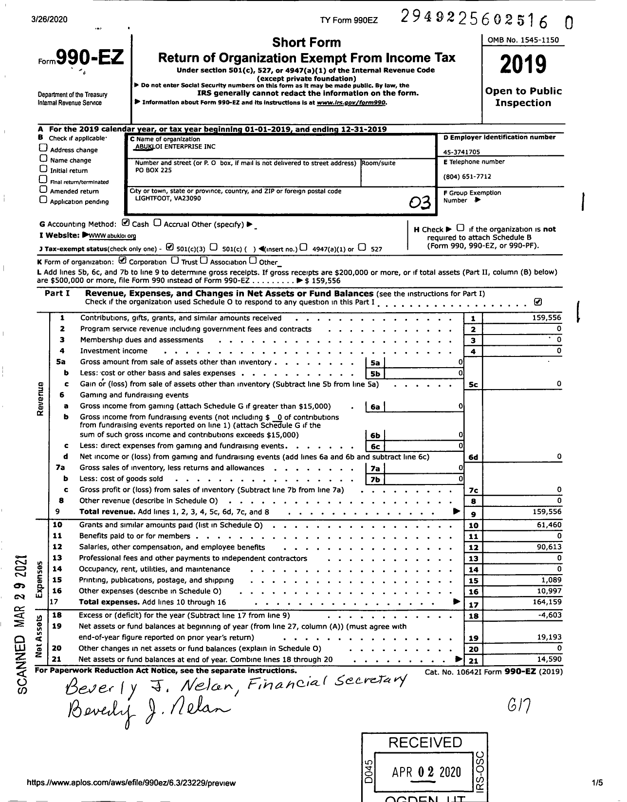 Image of first page of 2019 Form 990EZ for Abukloi Foundation