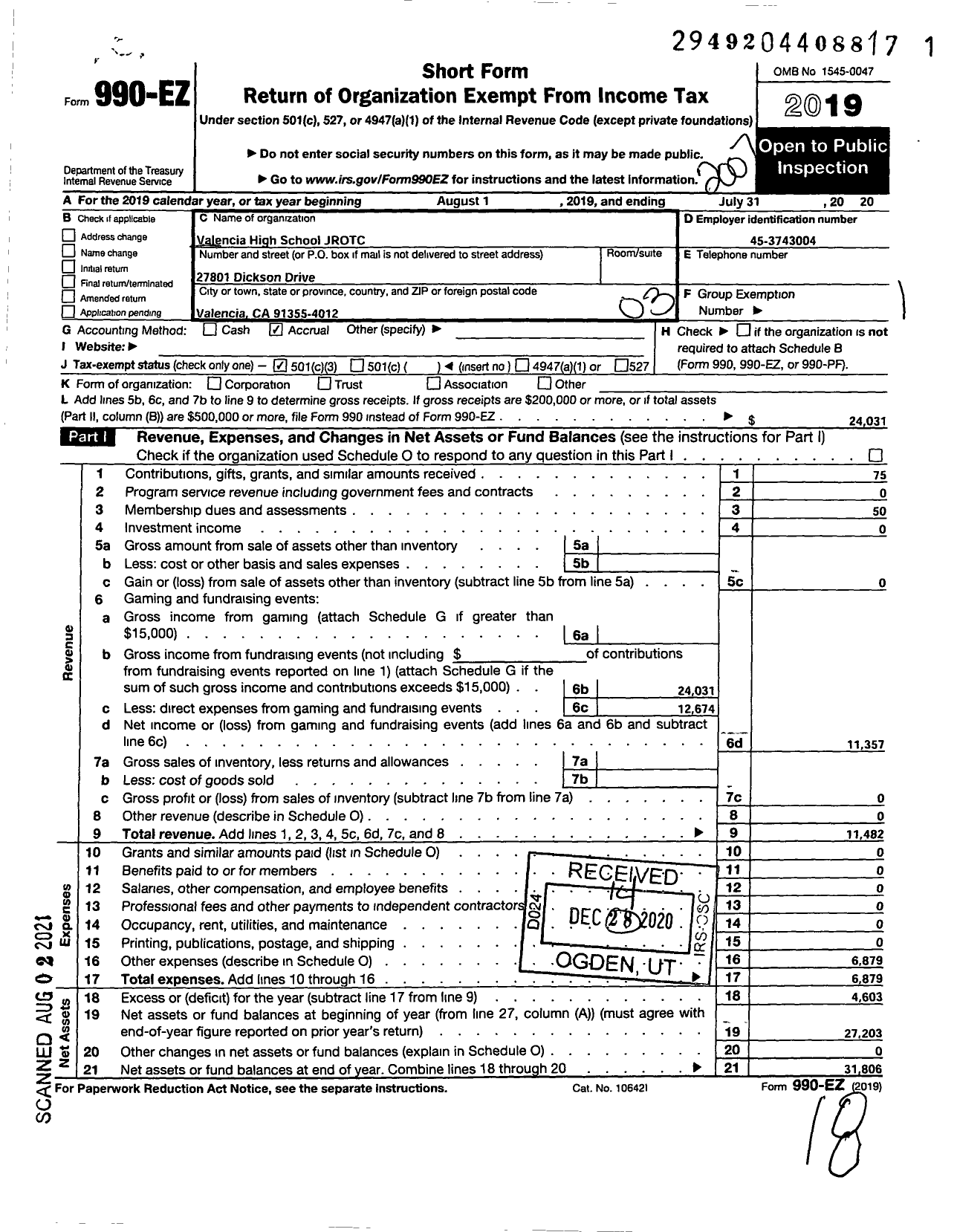 Image of first page of 2019 Form 990EZ for Valencia High School Jrotc