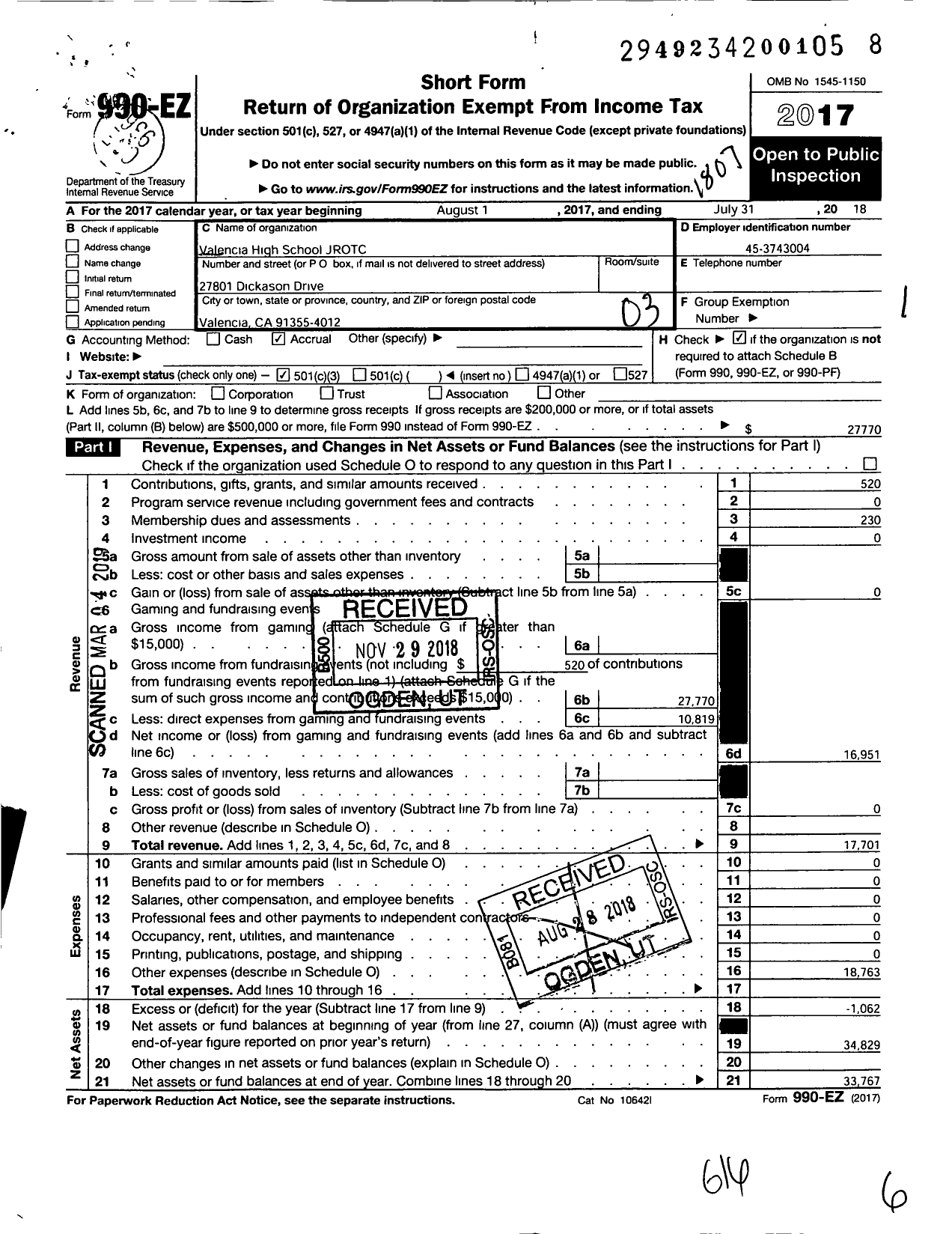 Image of first page of 2017 Form 990EZ for Valencia High School Jrotc