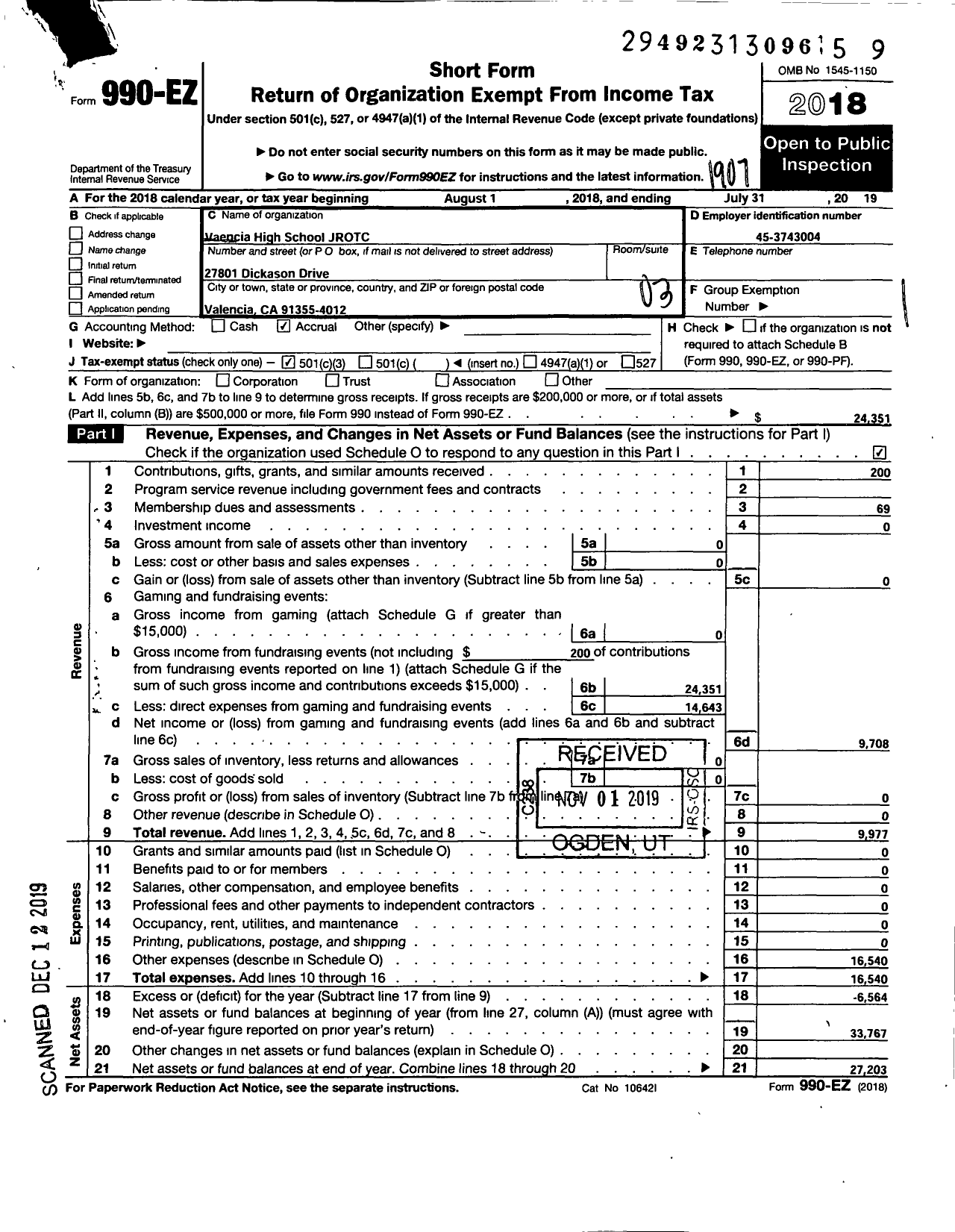 Image of first page of 2018 Form 990EZ for Valencia High School Jrotc