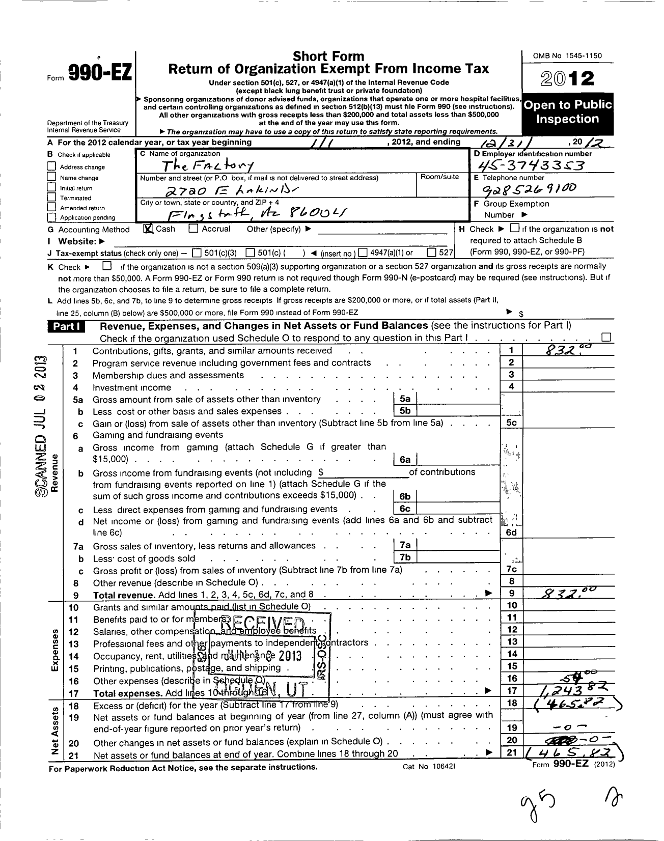 Image of first page of 2012 Form 990EO for The Factory