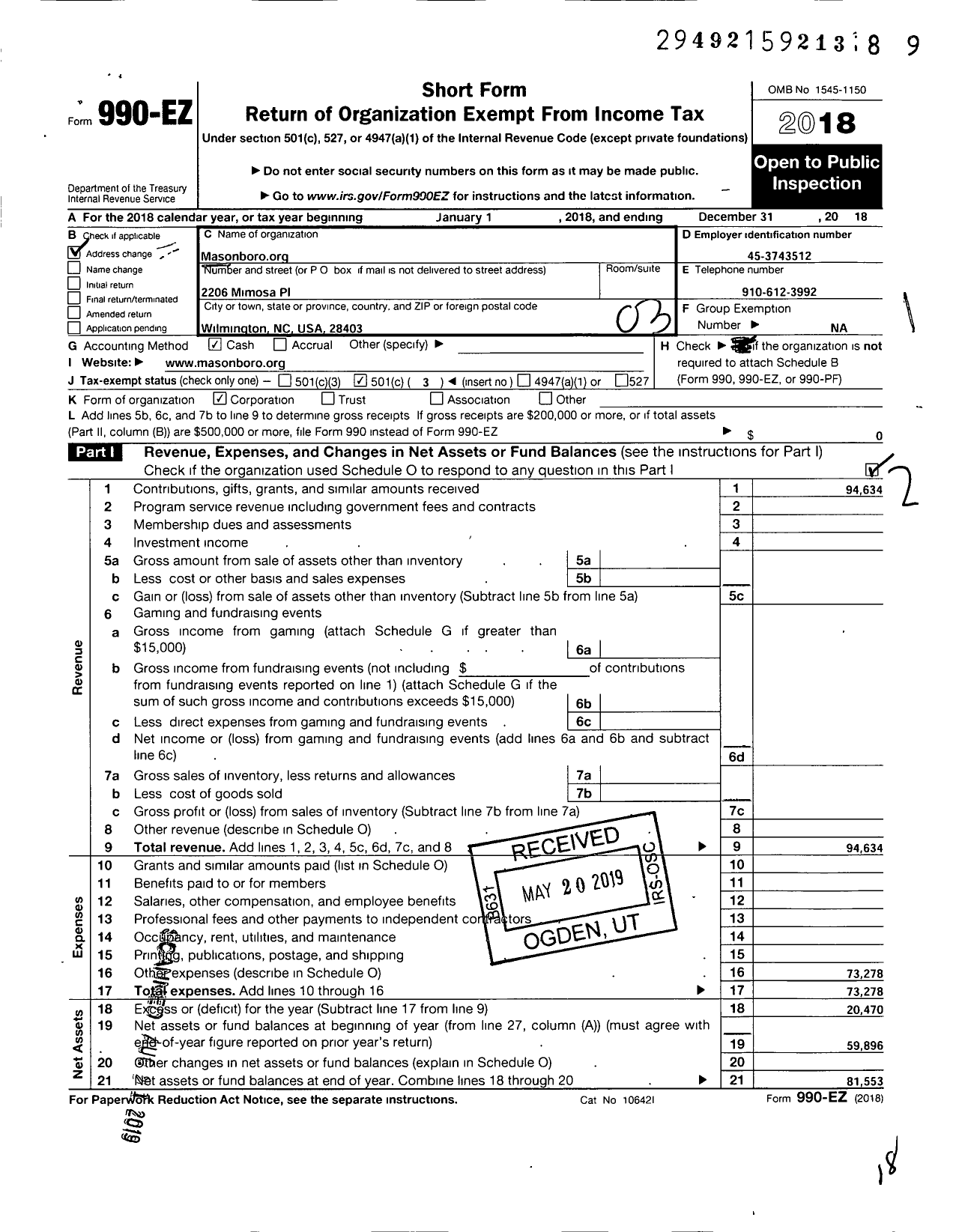 Image of first page of 2018 Form 990EZ for Masonboroorg