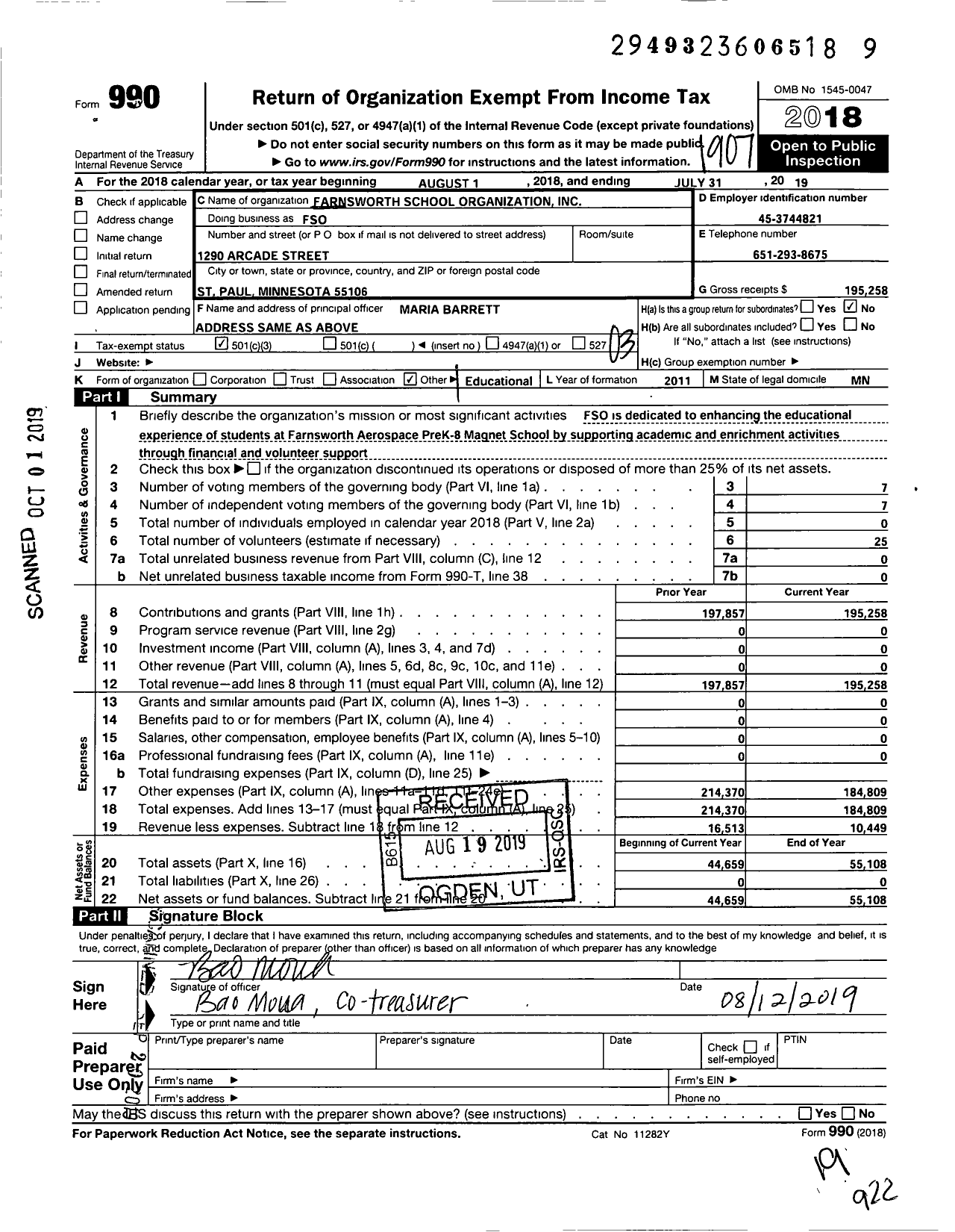 Image of first page of 2018 Form 990 for Farnsworth School Organization (FSO)