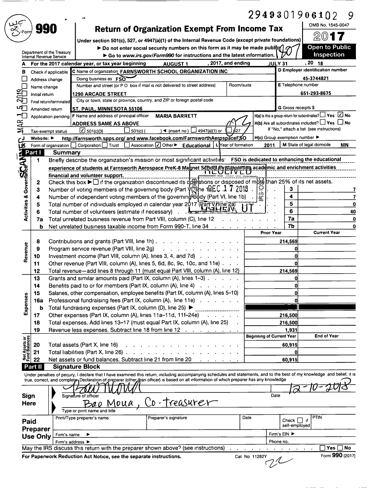 Image of first page of 2017 Form 990 for Farnsworth School Organization (FSO)