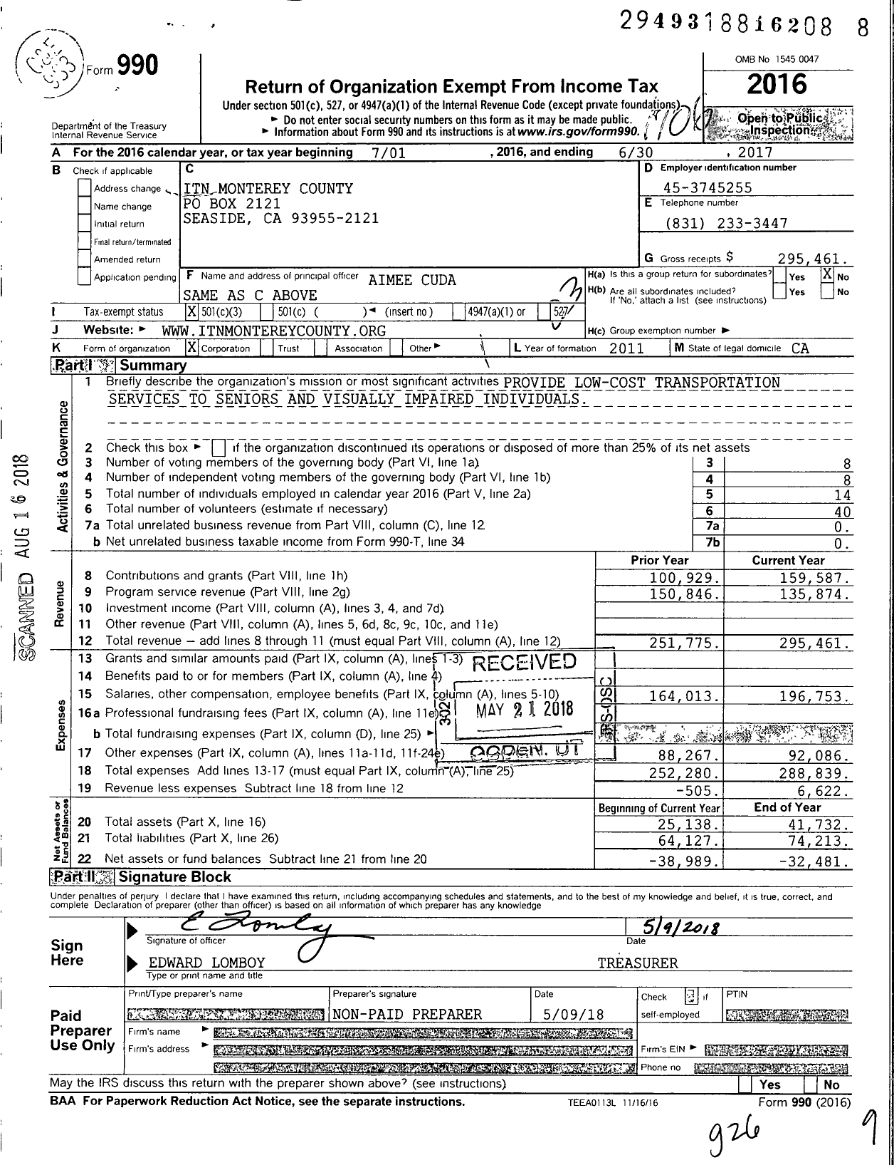 Image of first page of 2016 Form 990 for Itn Monterey County