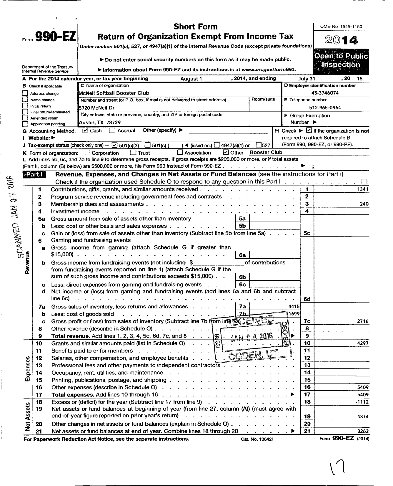 Image of first page of 2014 Form 990EZ for Mcneil Softball Booster Club