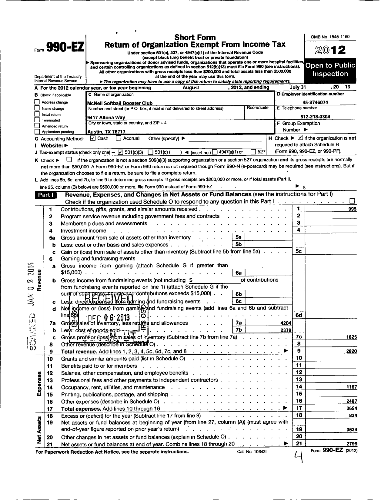 Image of first page of 2012 Form 990EZ for Mcneil Softball Booster Club