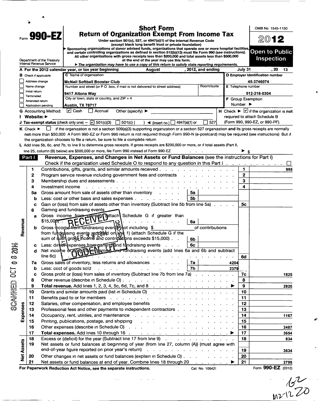 Image of first page of 2012 Form 990EZ for Mcneil Softball Booster Club