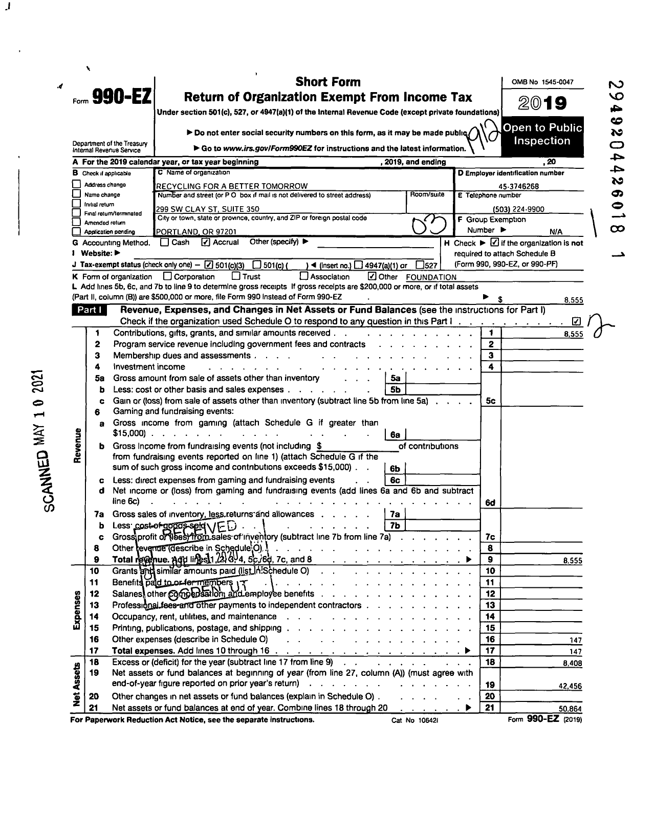 Image of first page of 2019 Form 990EZ for Recycling for a Better Tomorrow