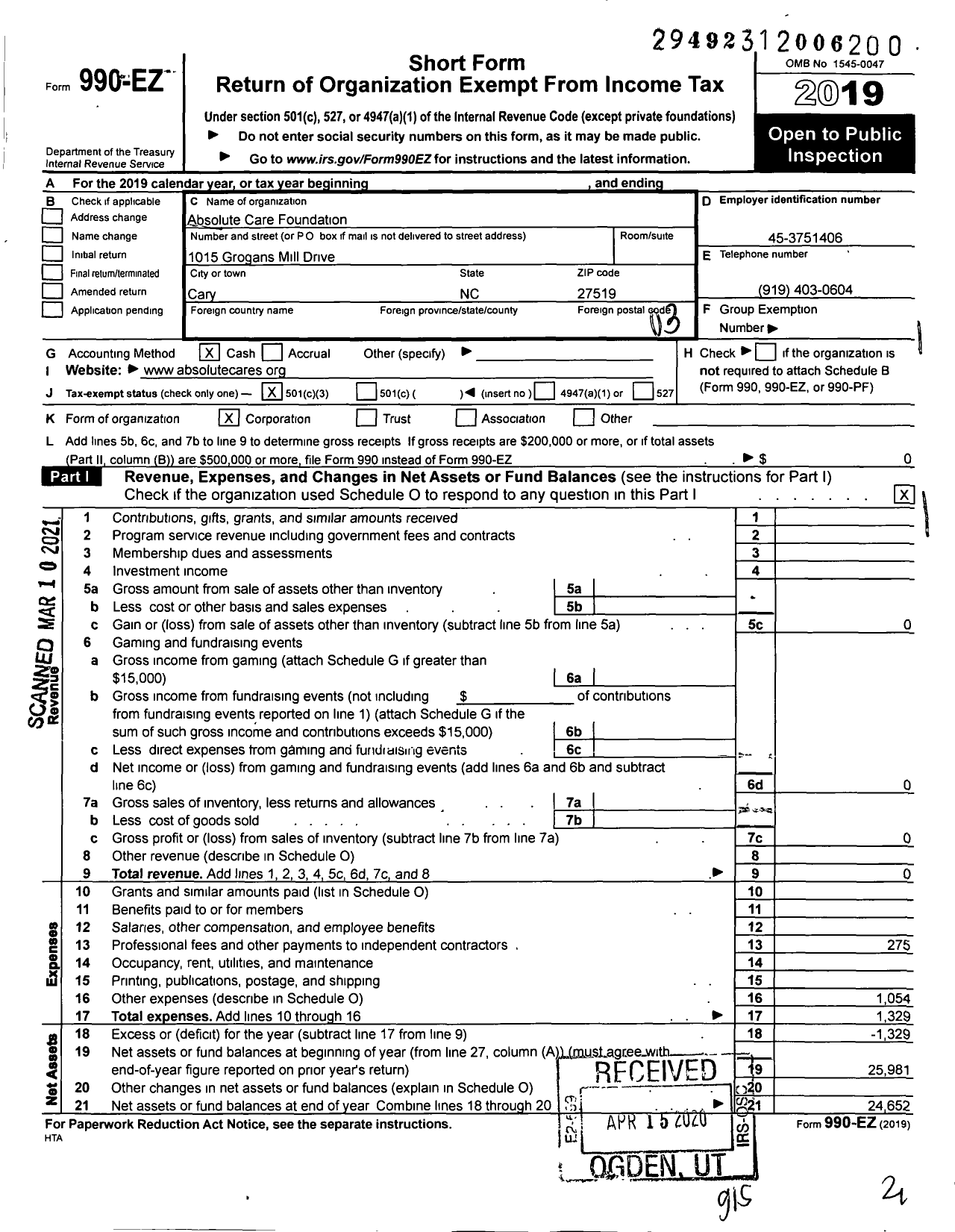 Image of first page of 2019 Form 990EZ for Absolute Care Foundation